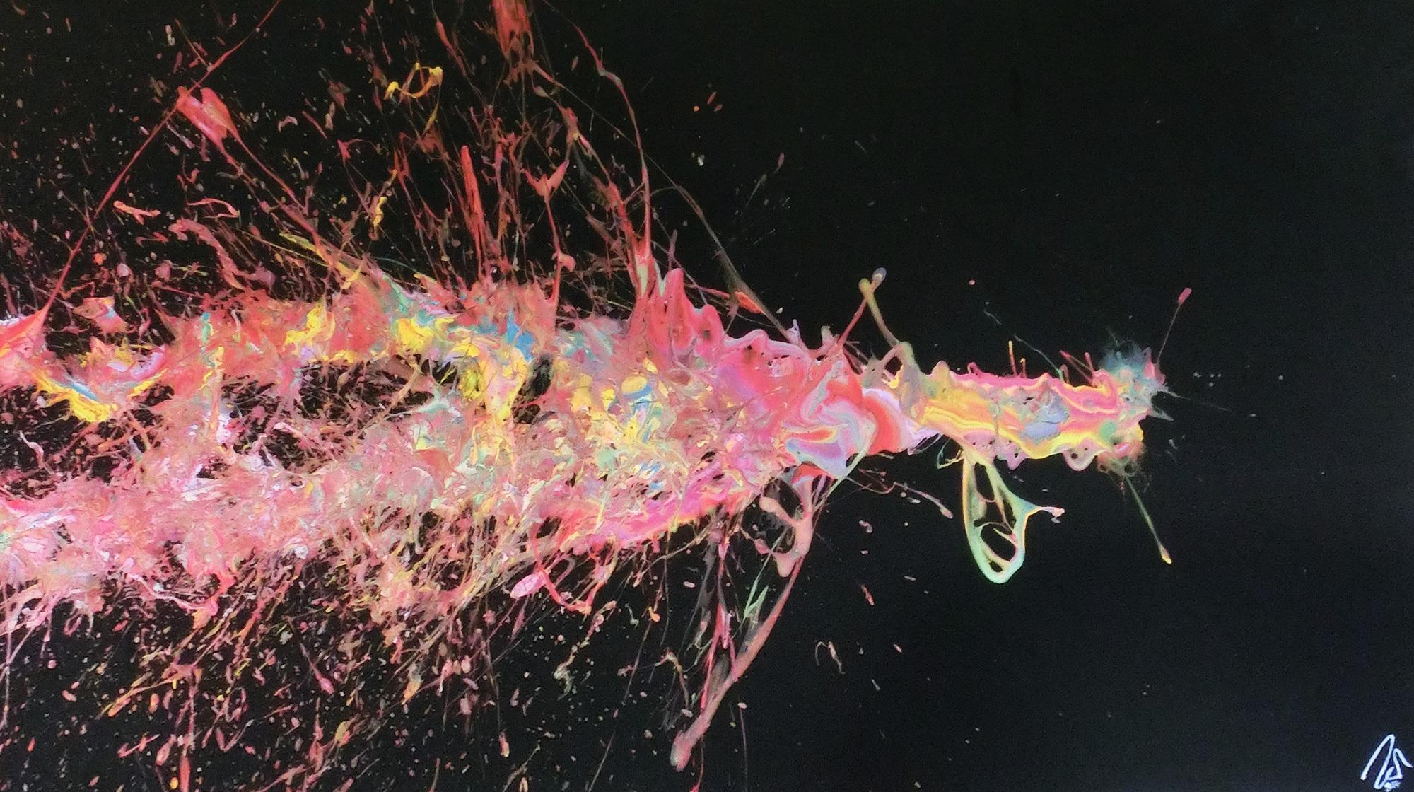 Abstraktes Acrylbild sehr groß Action Painting auf schwarzen Hintergrund bunte Farben Splash Art