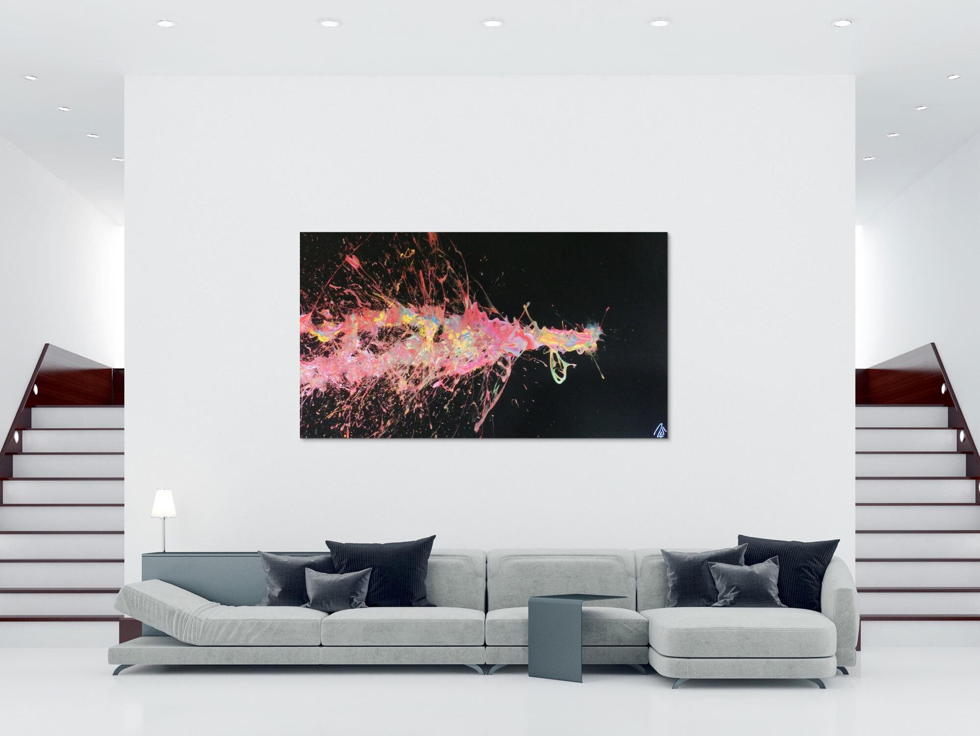 Abstraktes Acrylbild sehr groß Action Painting auf schwarzen Hintergrund bunte Farben Splash Art