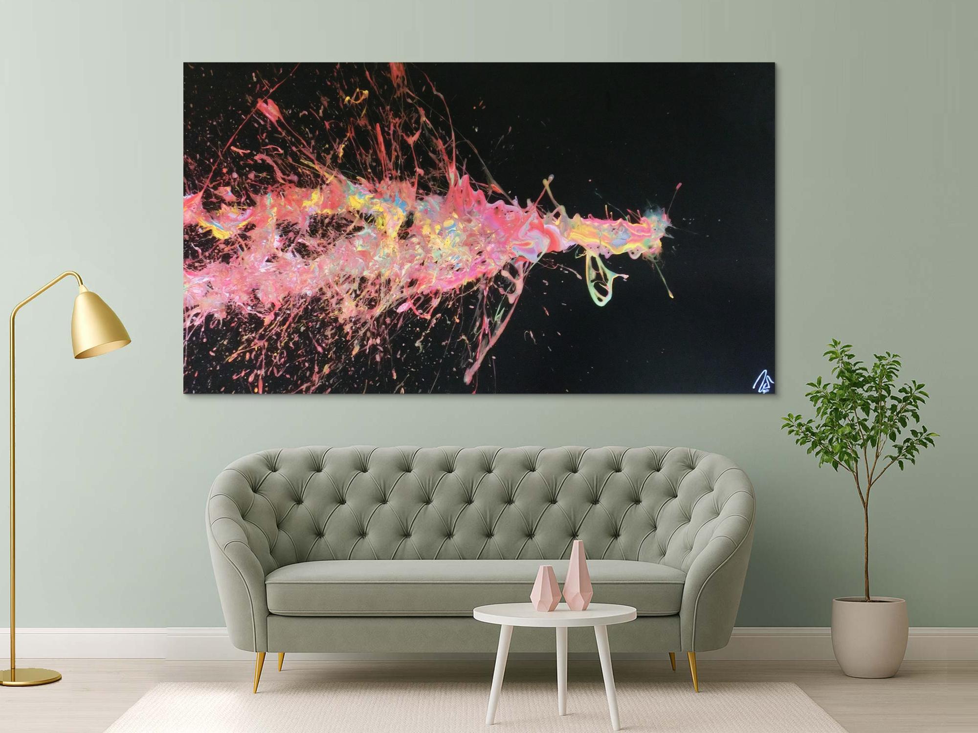 Abstraktes Acrylbild sehr groß Action Painting auf schwarzen Hintergrund bunte Farben Splash Art