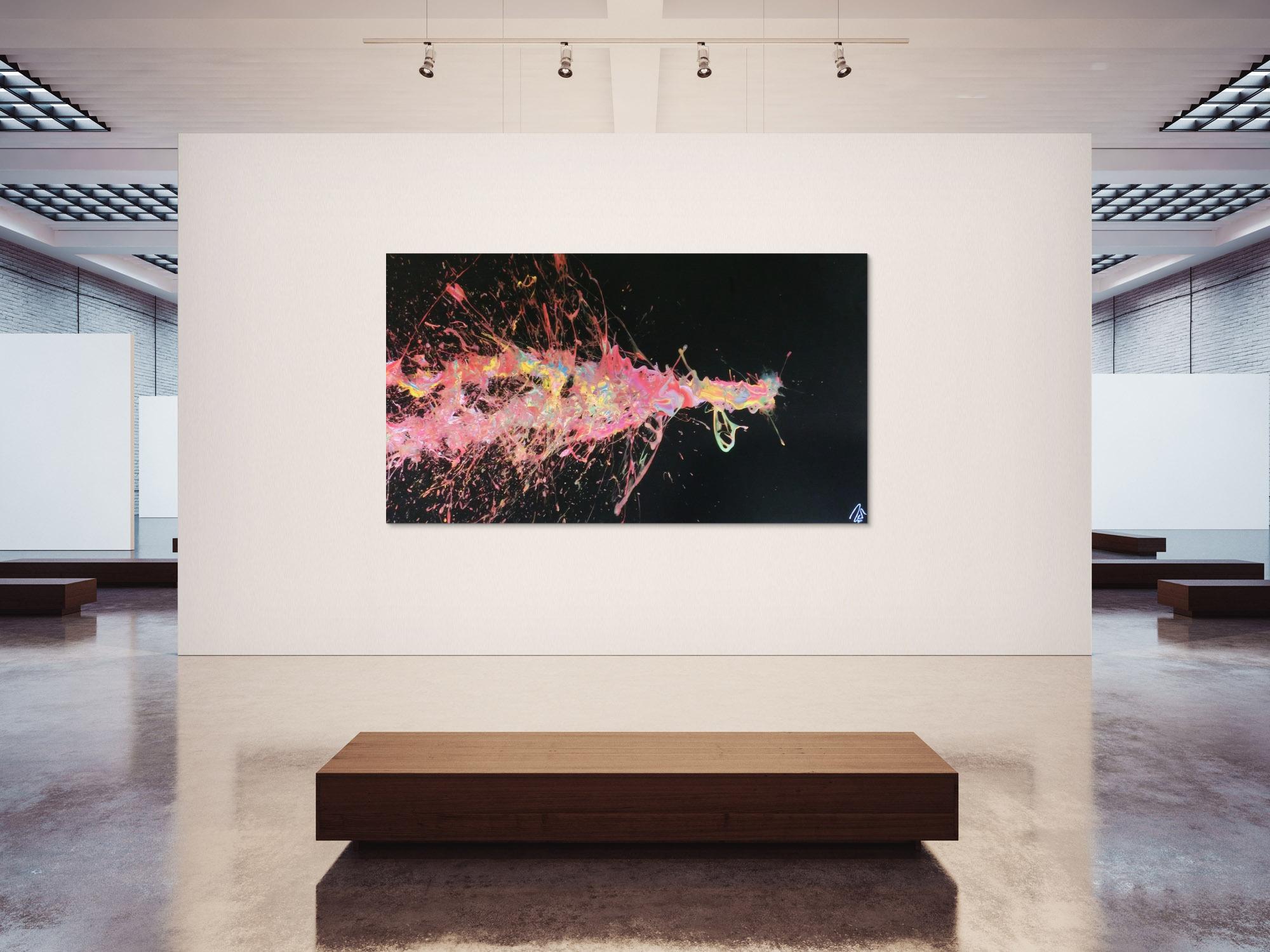 Abstraktes Acrylbild sehr groß Action Painting auf schwarzen Hintergrund bunte Farben Splash Art