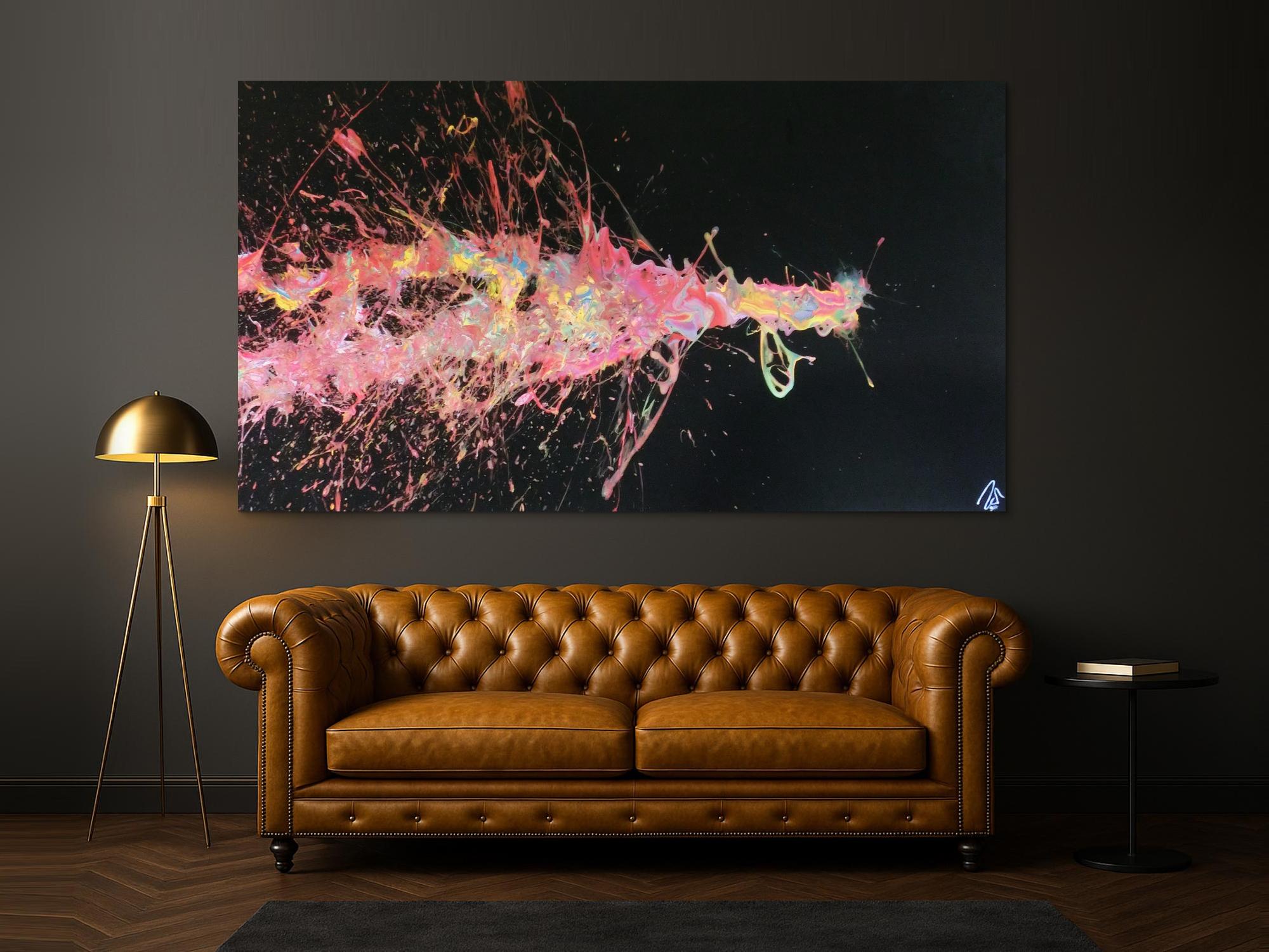 Abstraktes Acrylbild sehr groß Action Painting auf schwarzen Hintergrund bunte Farben Splash Art