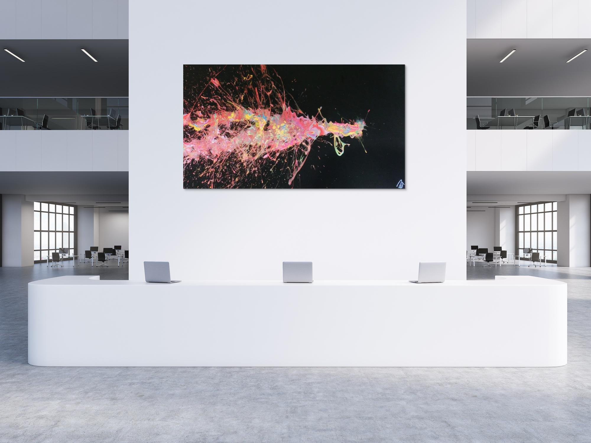 Abstraktes Acrylbild sehr groß Action Painting auf schwarzen Hintergrund bunte Farben Splash Art