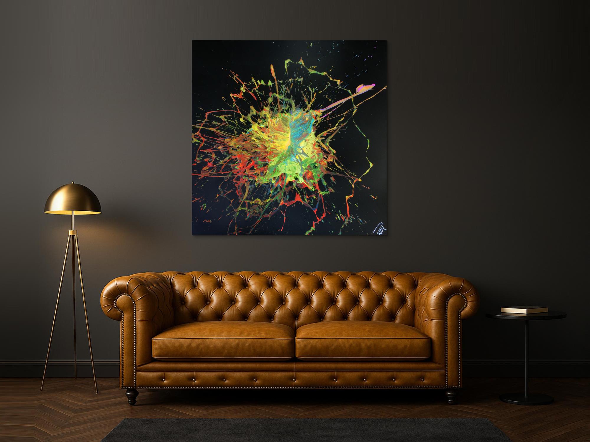 Abstraktes Acrylbild Action Painting Splash Art sehr bunt auf schwarzem Hintergrund