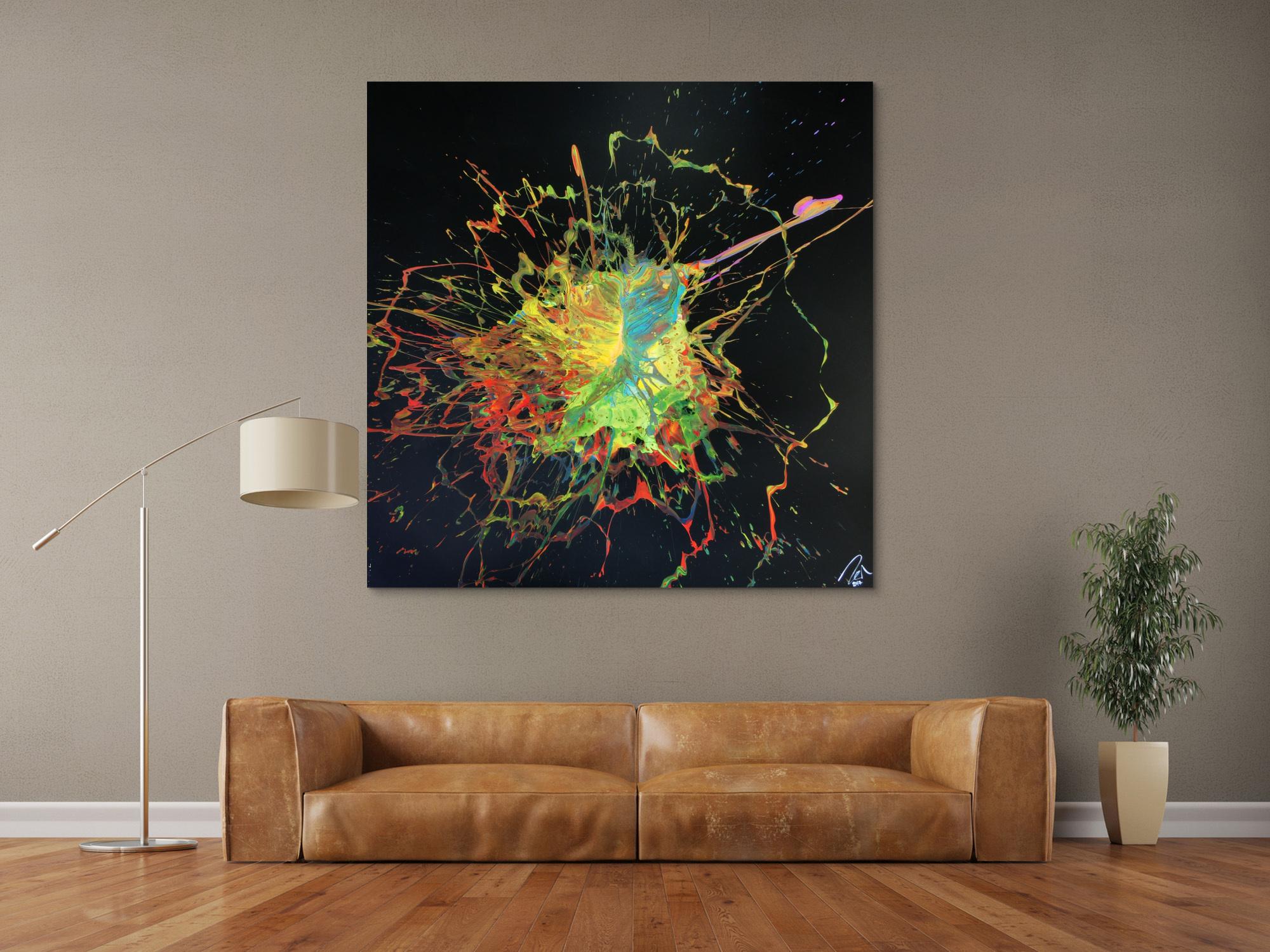 Abstraktes Acrylbild Action Painting Splash Art sehr bunt auf schwarzem Hintergrund