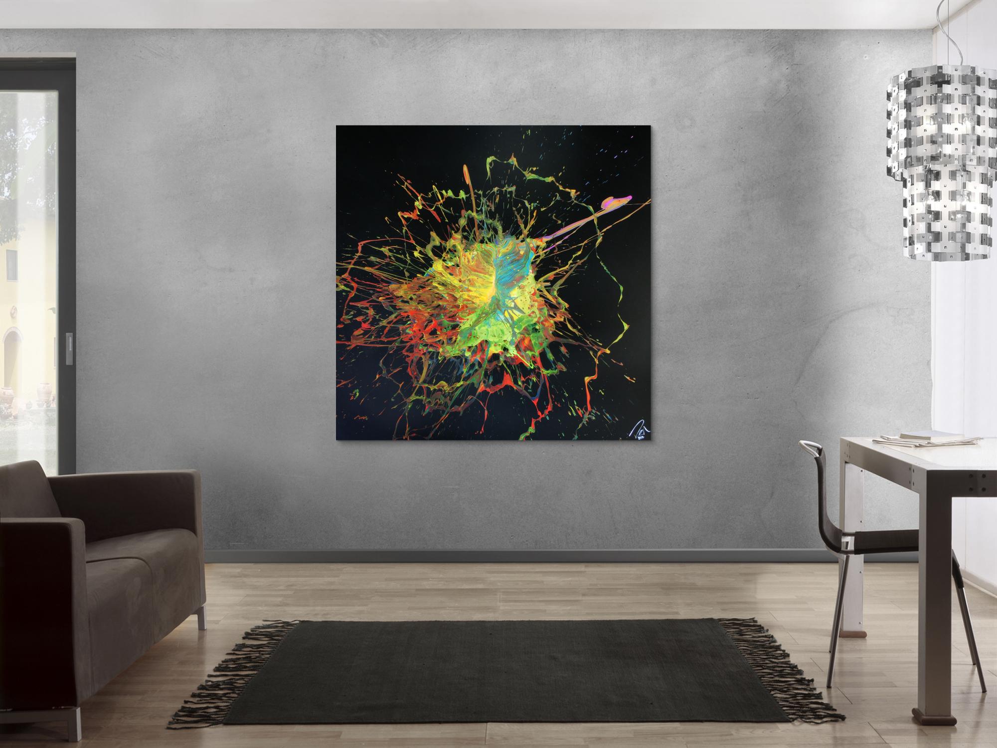 Abstraktes Acrylbild Action Painting Splash Art sehr bunt auf schwarzem Hintergrund