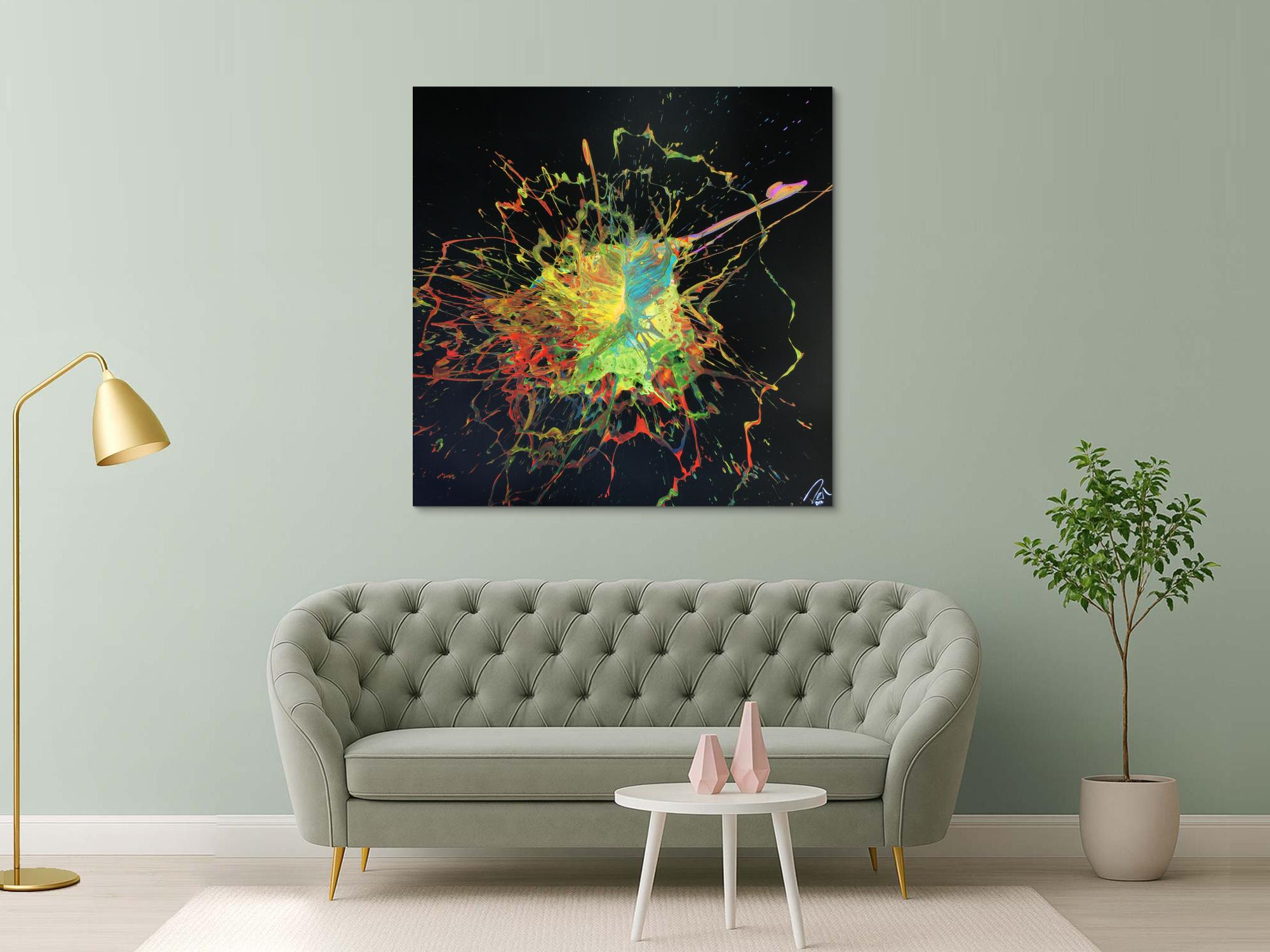 Abstraktes Acrylbild Action Painting Splash Art sehr bunt auf schwarzem Hintergrund