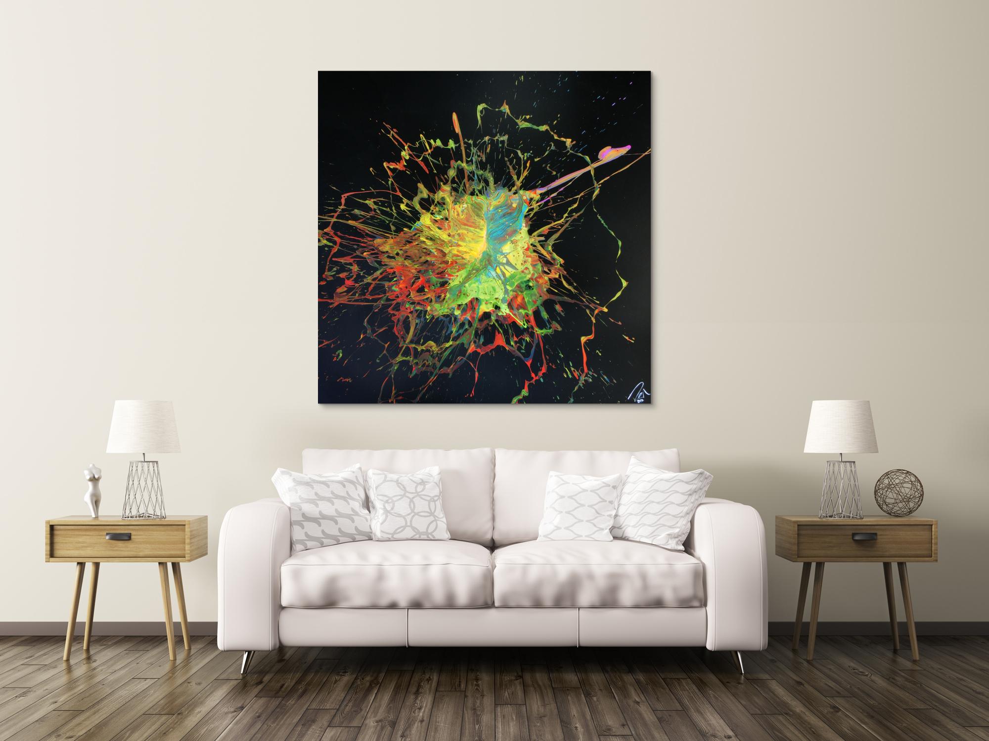 Abstraktes Acrylbild Action Painting Splash Art sehr bunt auf schwarzem Hintergrund