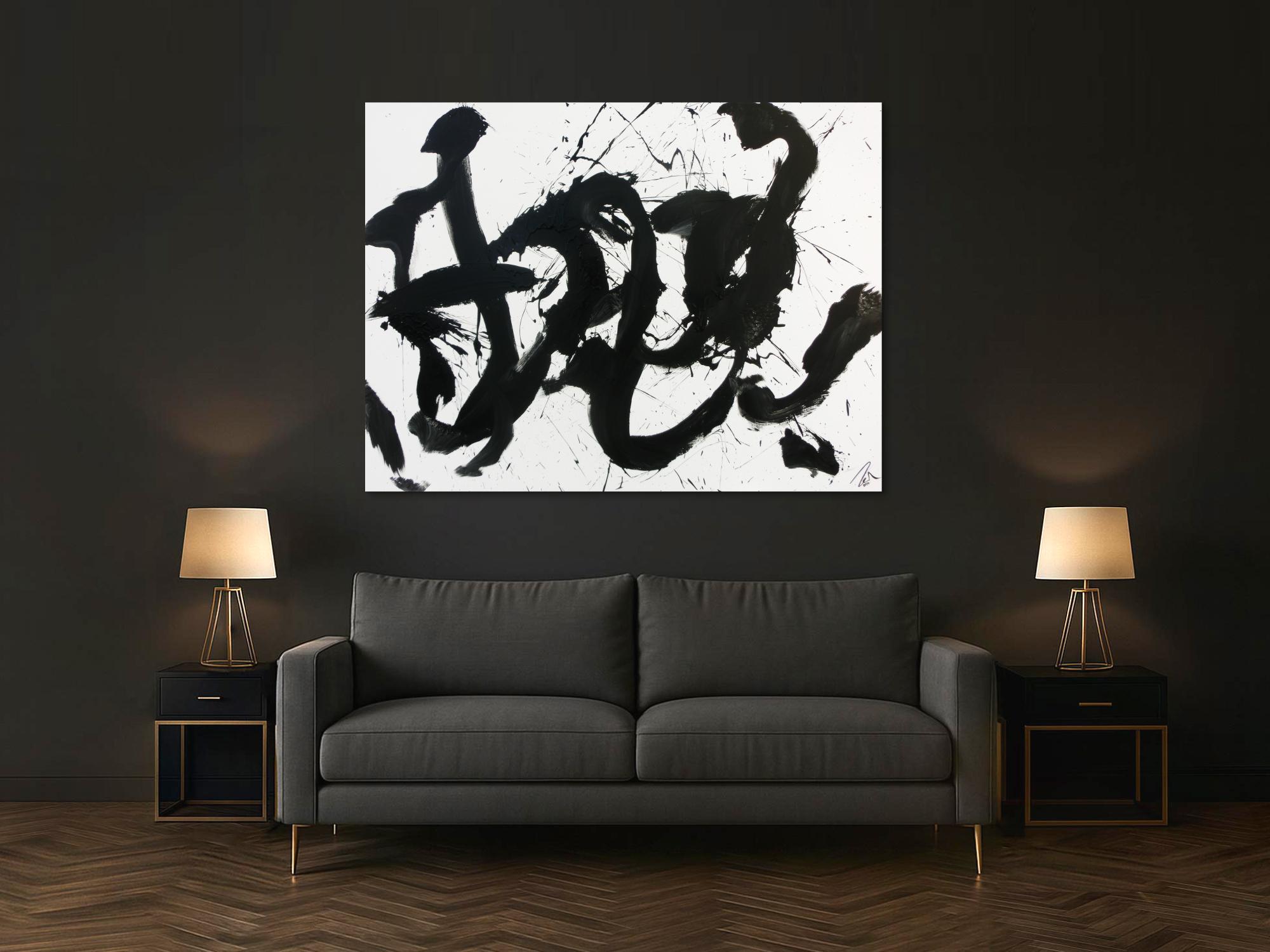 Abstraktes Gemälde Acrylbild schwarz weiß modern Action Painting schlicht handgemalt