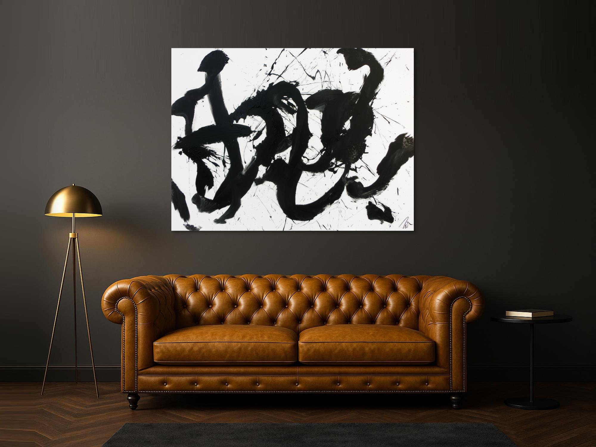 Abstraktes Gemälde Acrylbild schwarz weiß modern Action Painting schlicht handgemalt