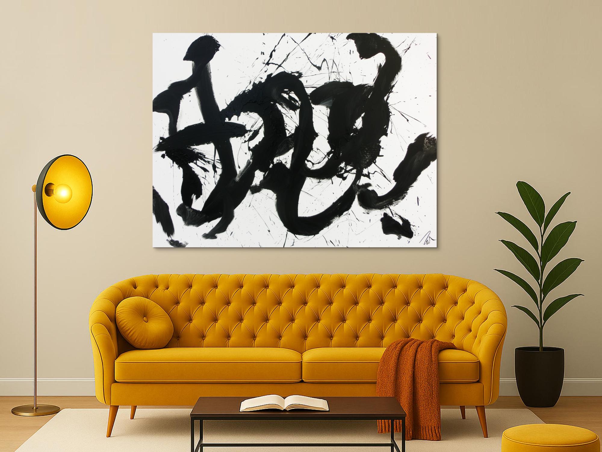 Abstraktes Gemälde Acrylbild schwarz weiß modern Action Painting schlicht handgemalt