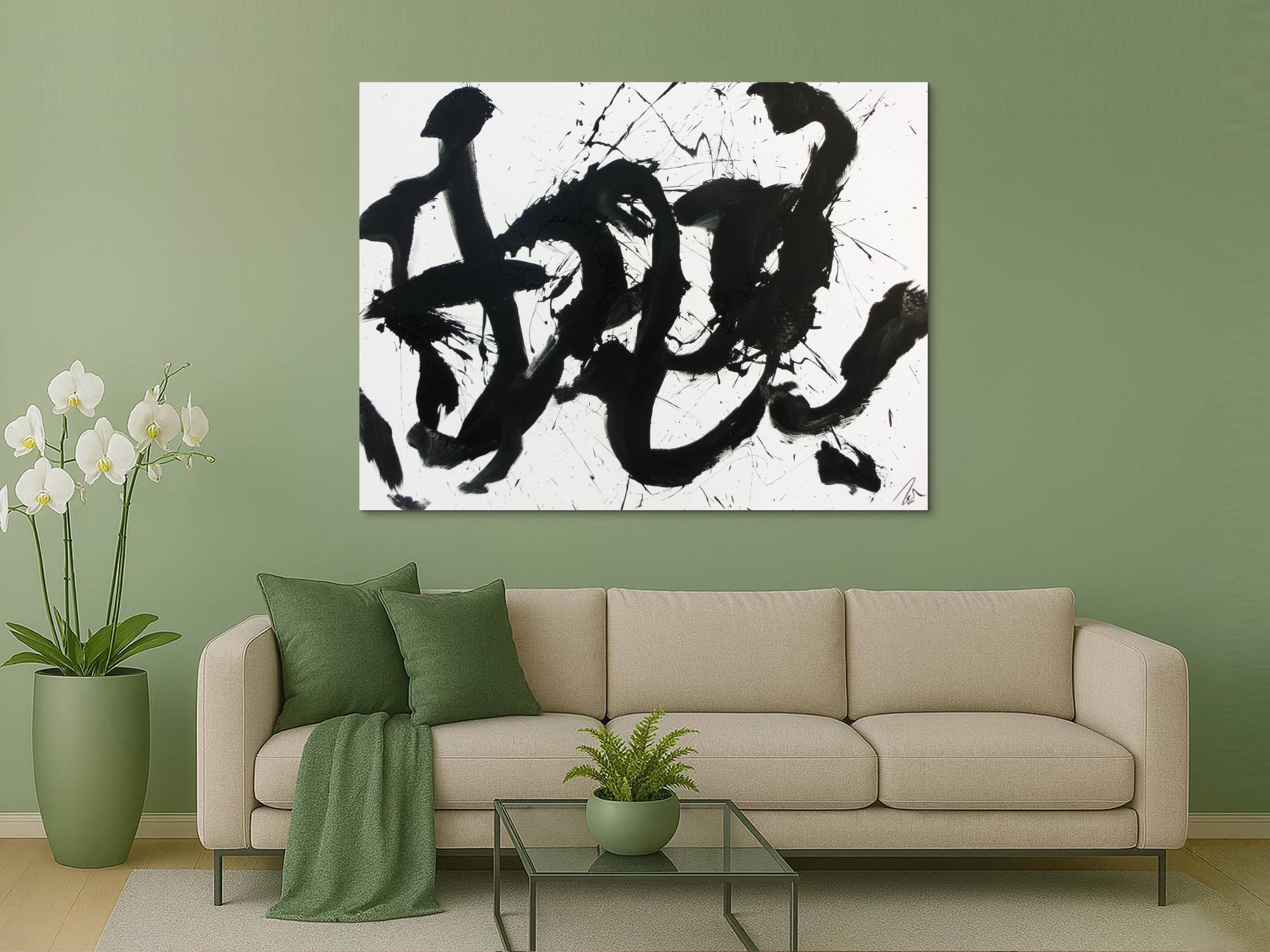 Abstraktes Gemälde Acrylbild schwarz weiß modern Action Painting schlicht handgemalt