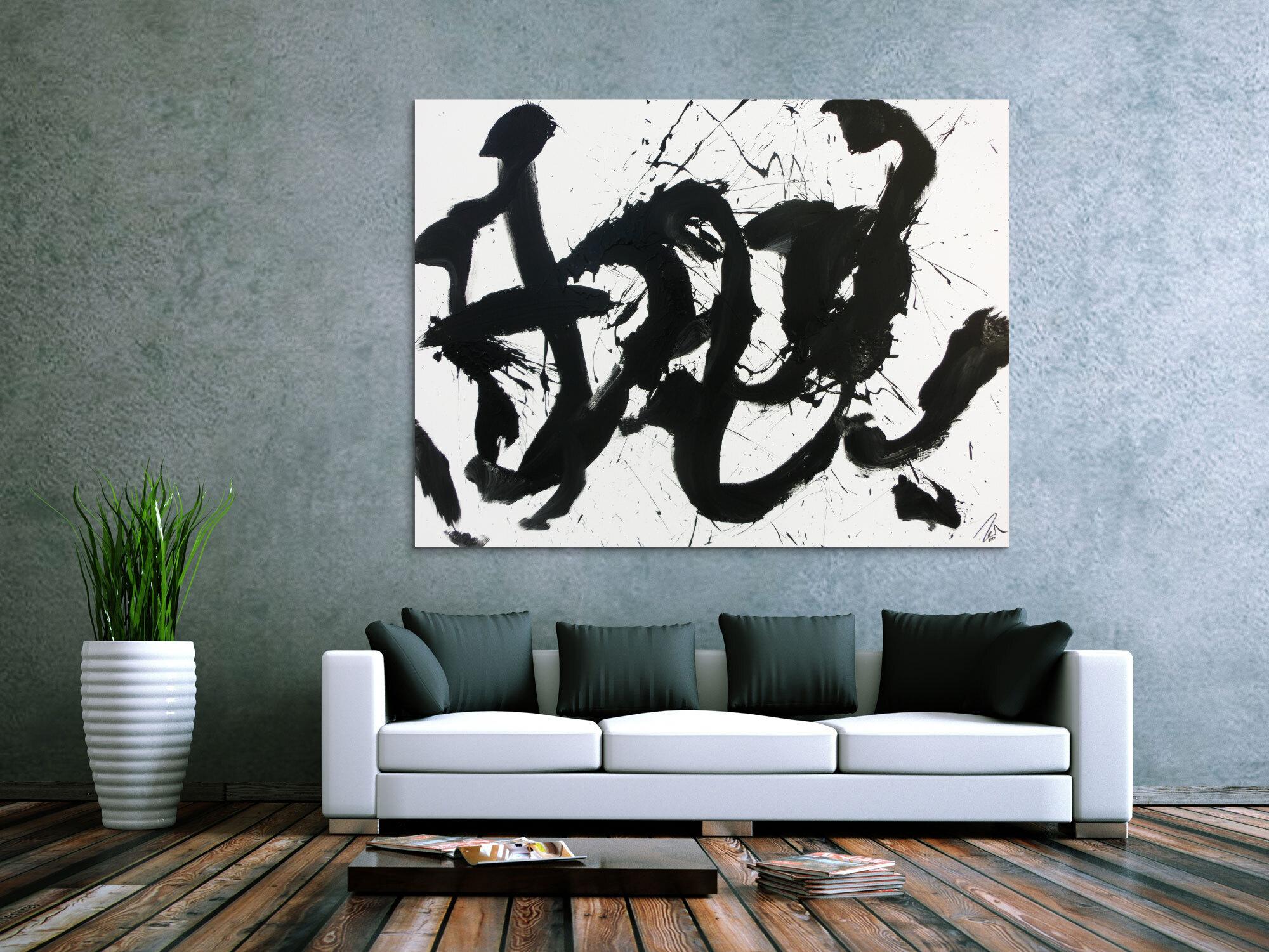 Abstraktes Gemälde Acrylbild schwarz weiß modern Action Painting schlicht handgemalt