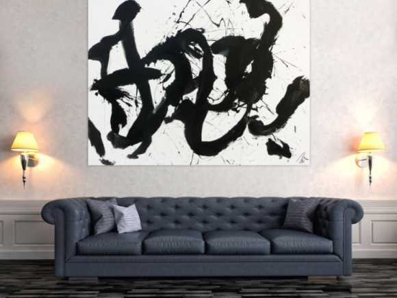 Abstraktes Gemälde Acrylbild schwarz weiß modern Action Painting schlicht handgemalt