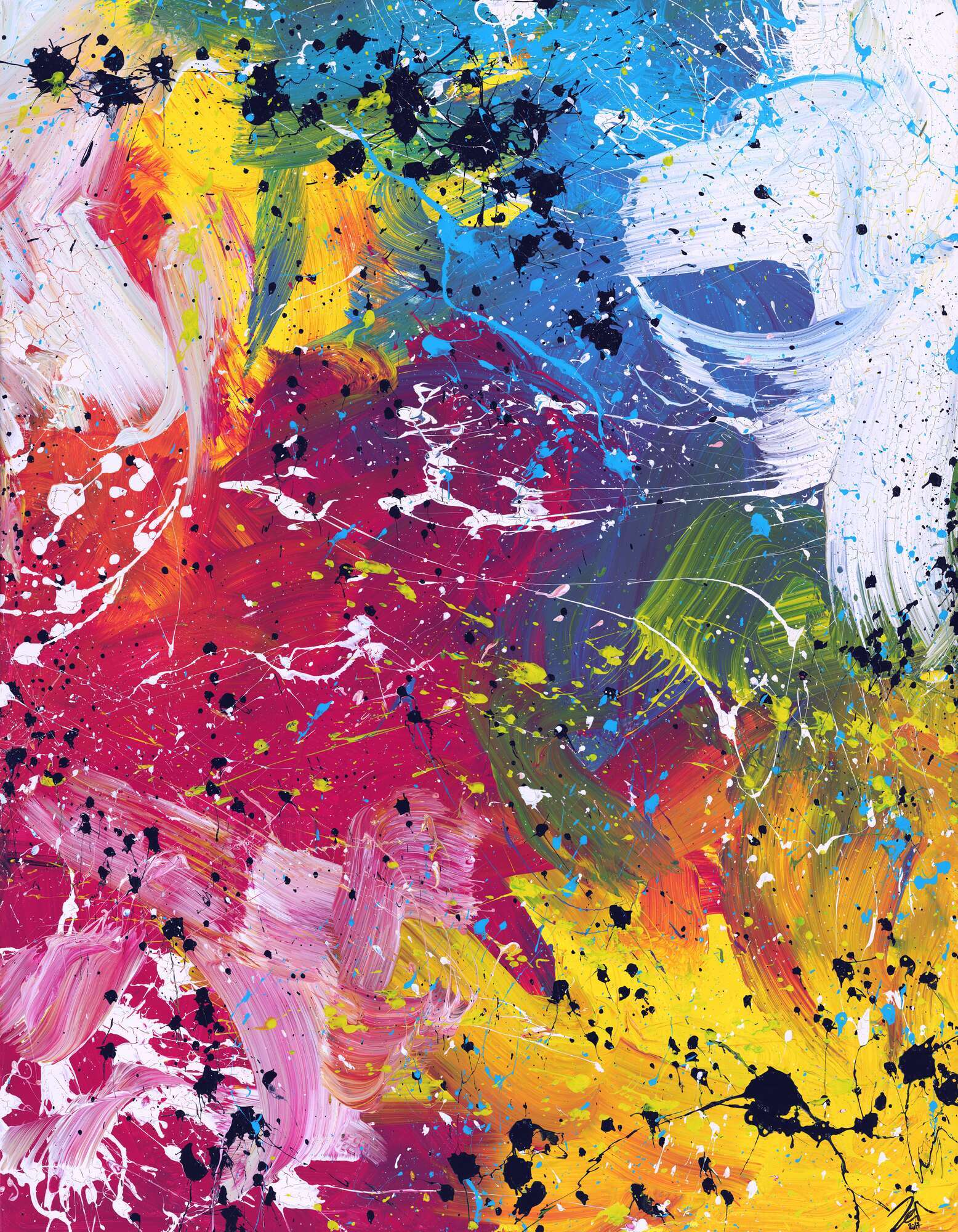 Abstraktes Acrylbild sehr bunt modern Action Painting viele helle Farben