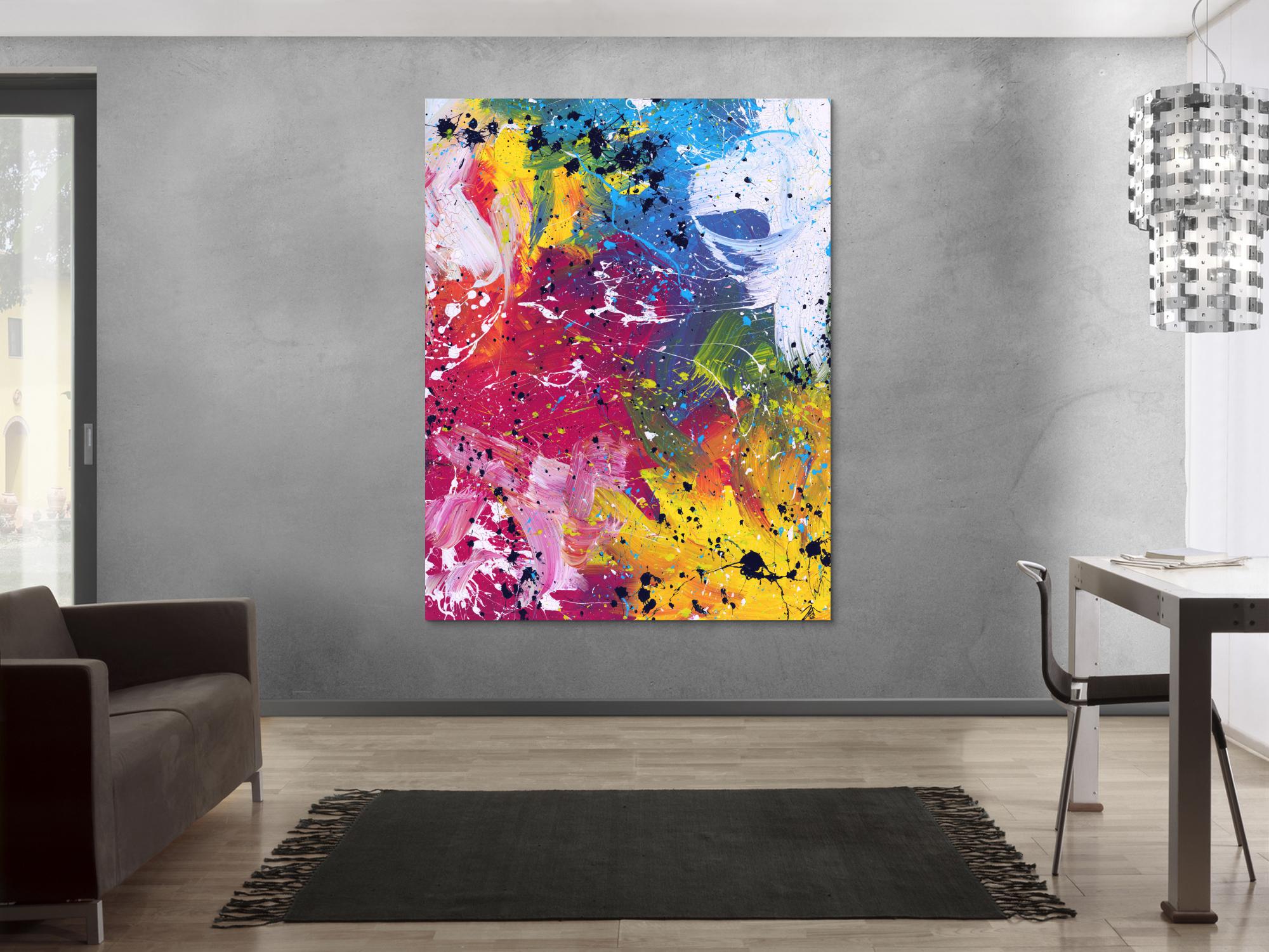 Abstraktes Acrylbild sehr bunt modern Action Painting viele helle Farben