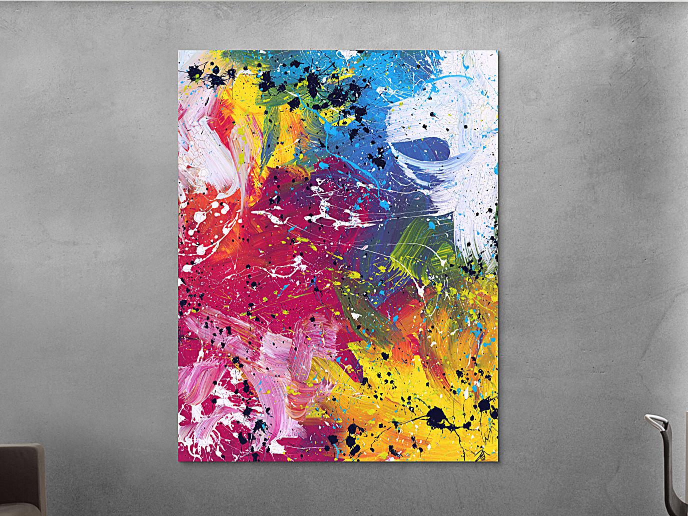 Abstraktes Acrylbild sehr bunt modern Action Painting viele helle Farben