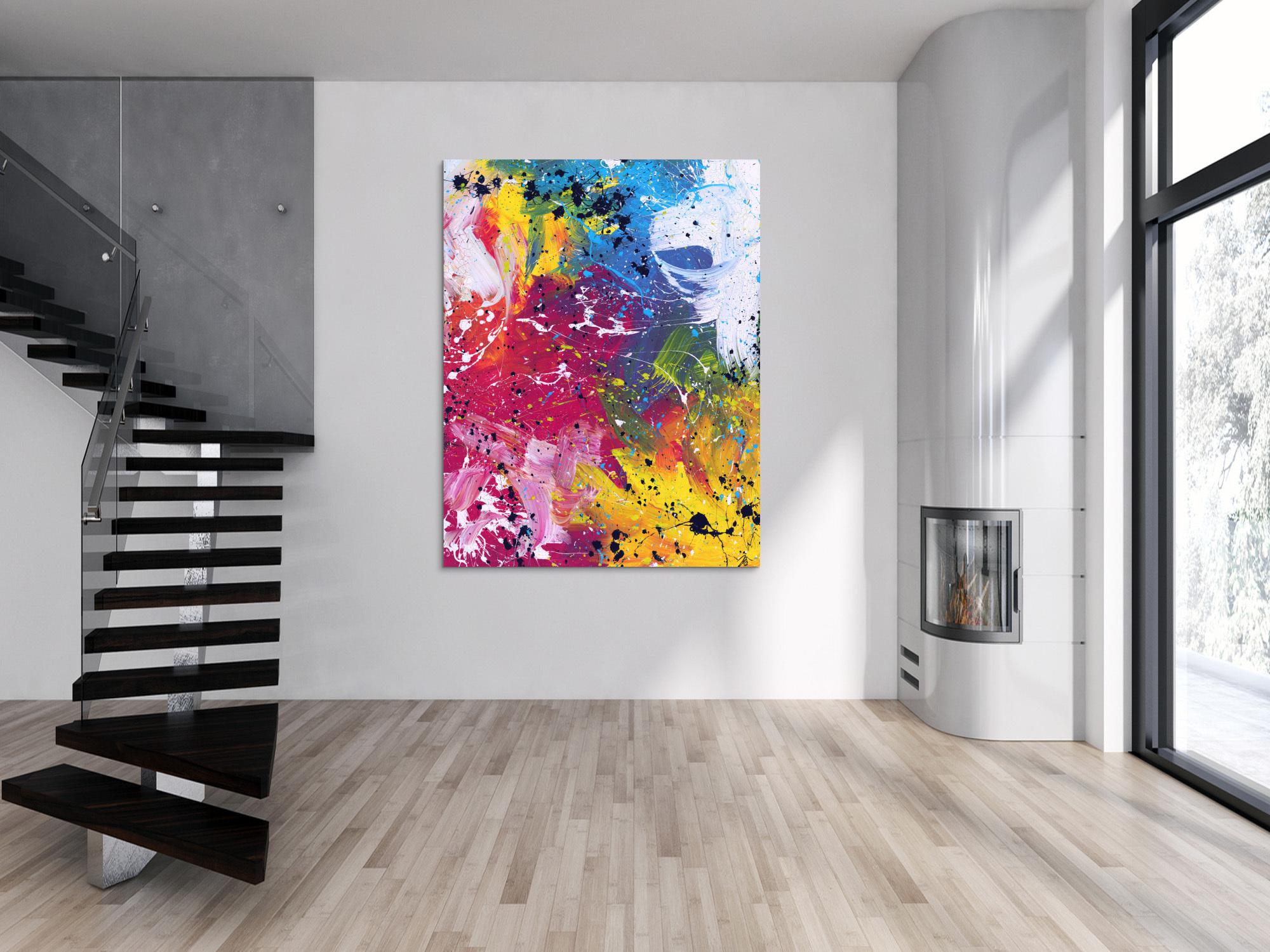 Abstraktes Acrylbild sehr bunt modern Action Painting viele helle Farben