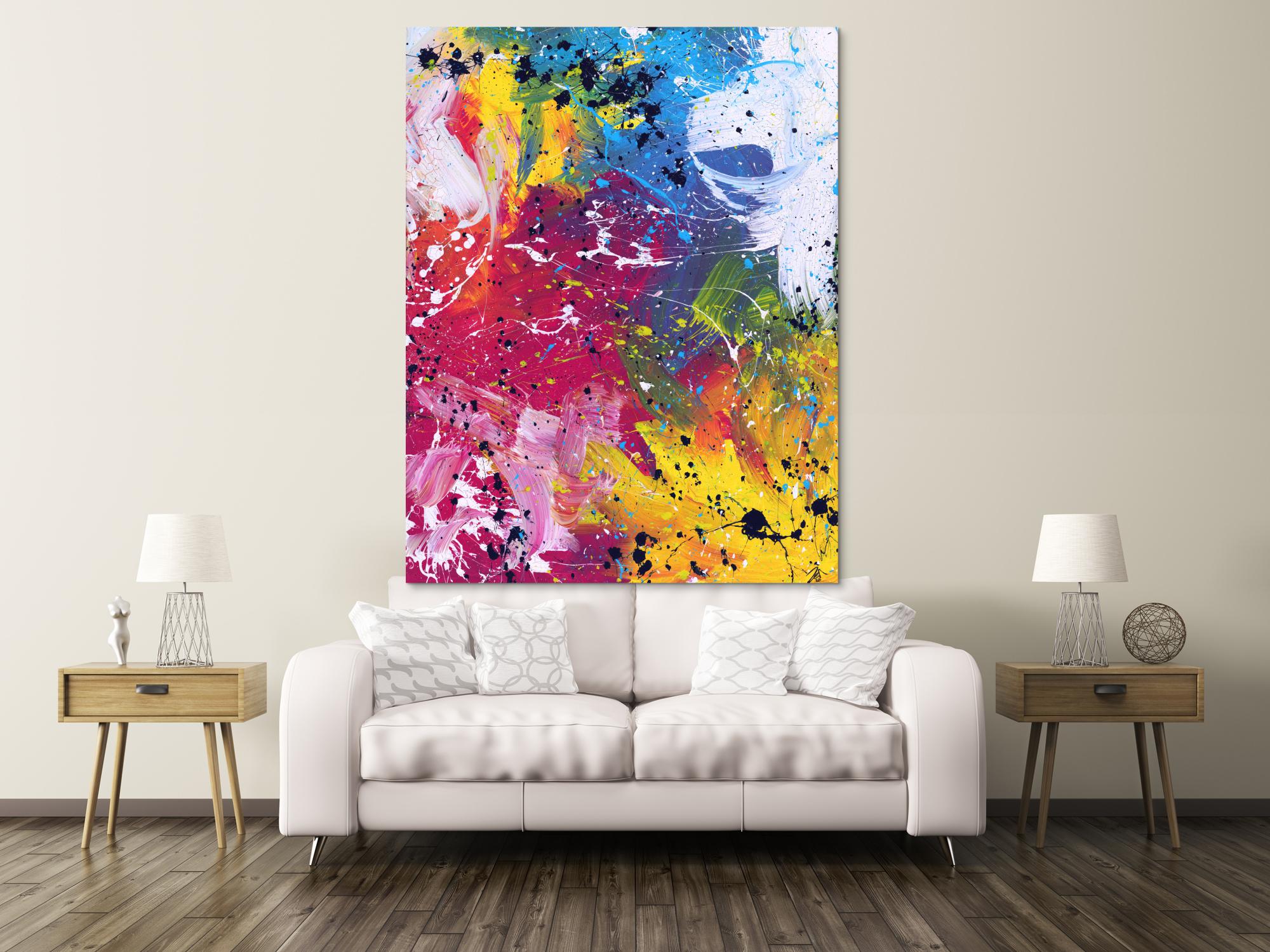 Abstraktes Acrylbild sehr bunt modern Action Painting viele helle Farben