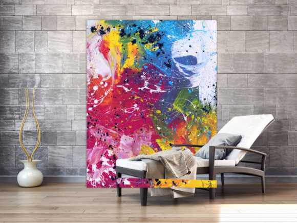 Abstraktes Acrylbild sehr bunt modern Action Painting viele helle Farben