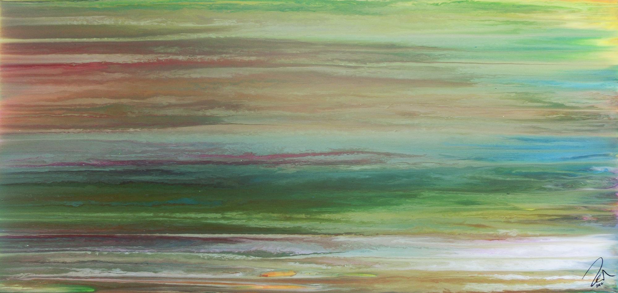 Abstraktes Acrylbild Fließtechnik Fluid Painting sehr modern helle Farben grau grün hellbau weiß