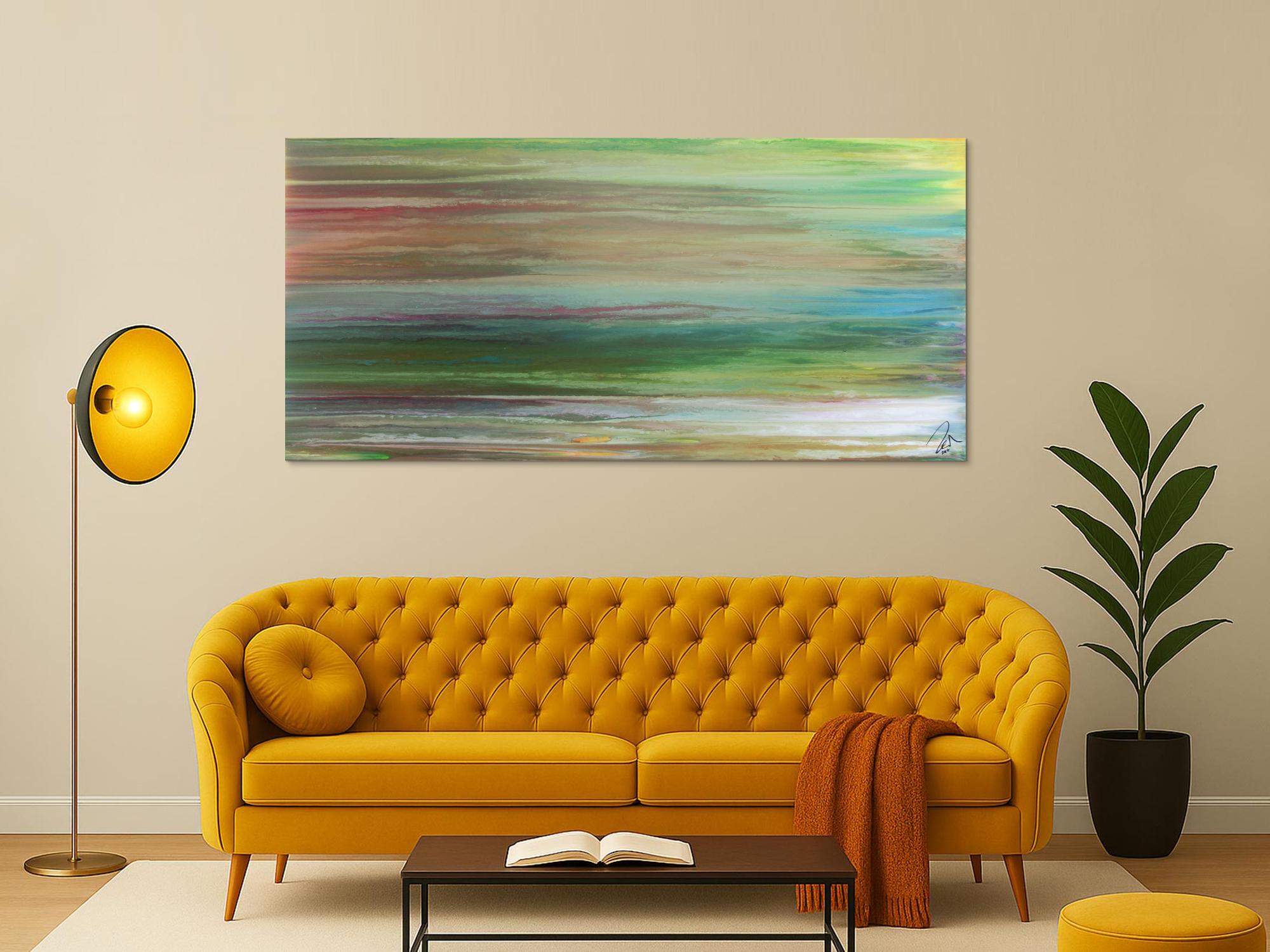 Abstraktes Acrylbild Fließtechnik Fluid Painting sehr modern helle Farben grau grün hellbau weiß