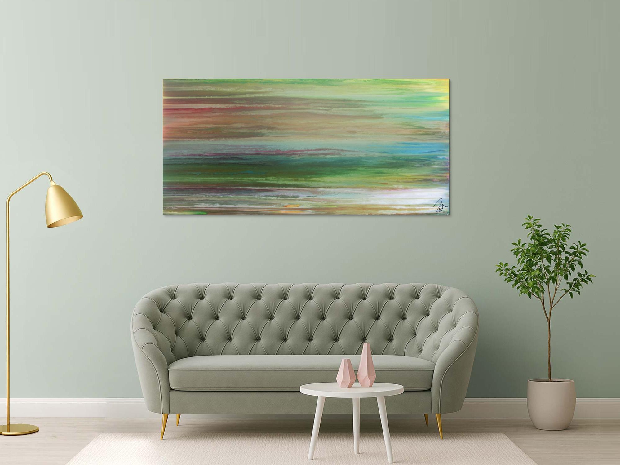Abstraktes Acrylbild Fließtechnik Fluid Painting sehr modern helle Farben grau grün hellbau weiß