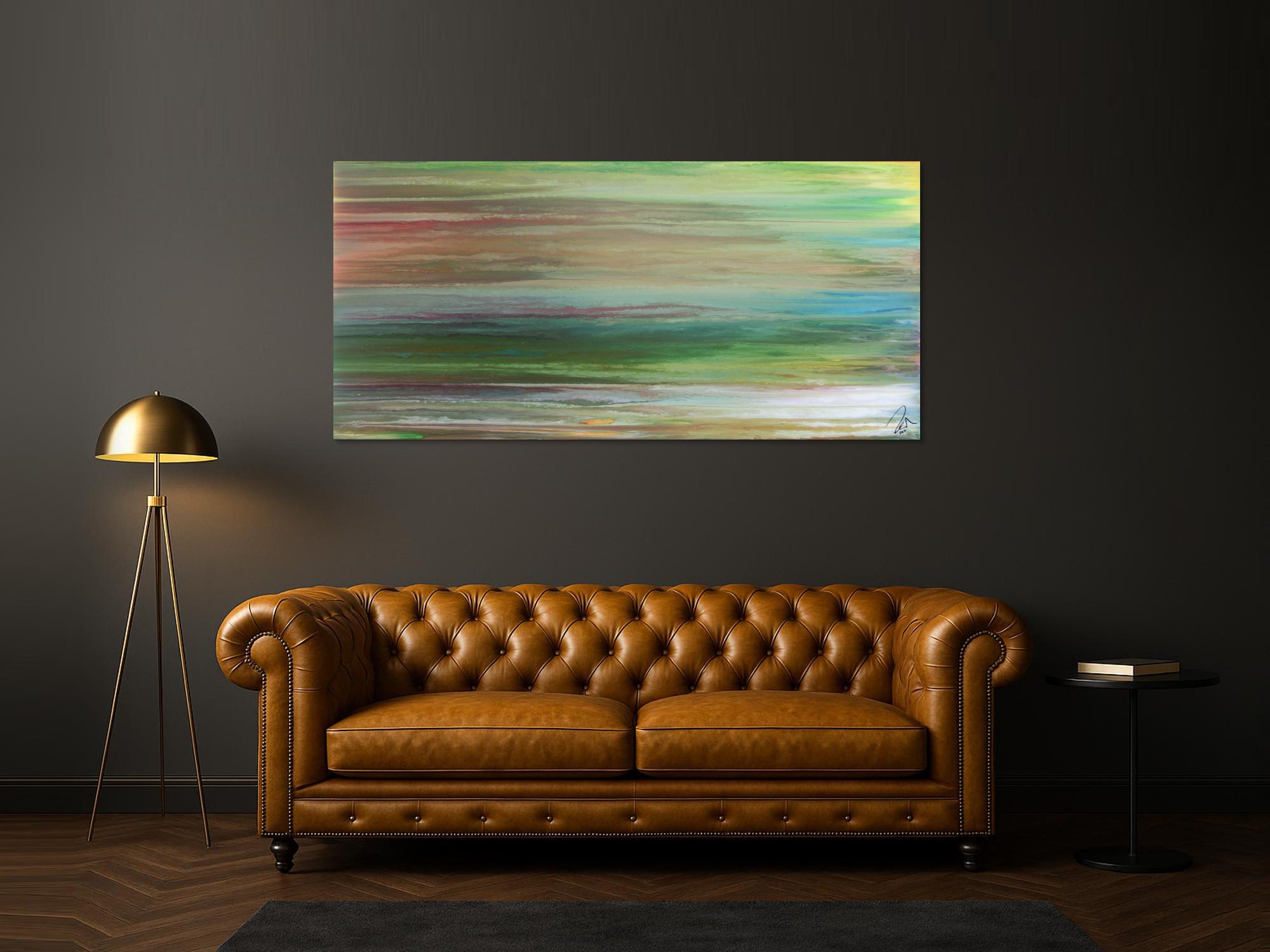 Abstraktes Acrylbild Fließtechnik Fluid Painting sehr modern helle Farben grau grün hellbau weiß
