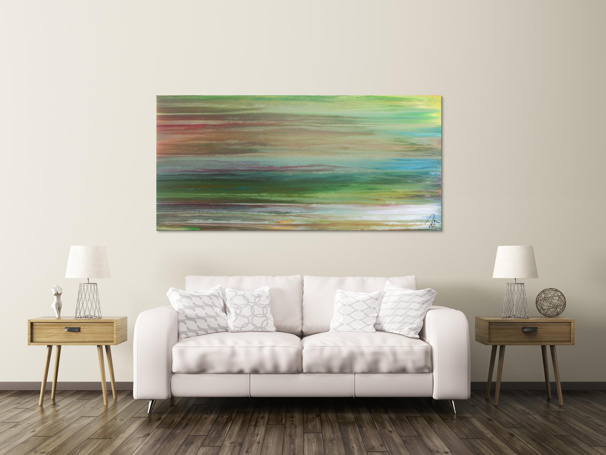 Abstraktes Acrylbild Fließtechnik Fluid Painting sehr modern helle Farben grau grün hellbau weiß