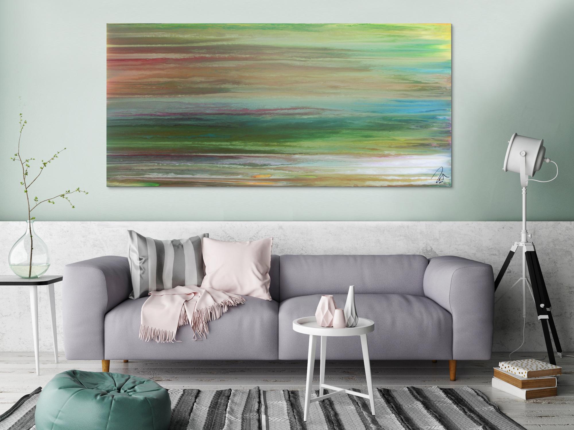 Abstraktes Acrylbild Fließtechnik Fluid Painting sehr modern helle Farben grau grün hellbau weiß