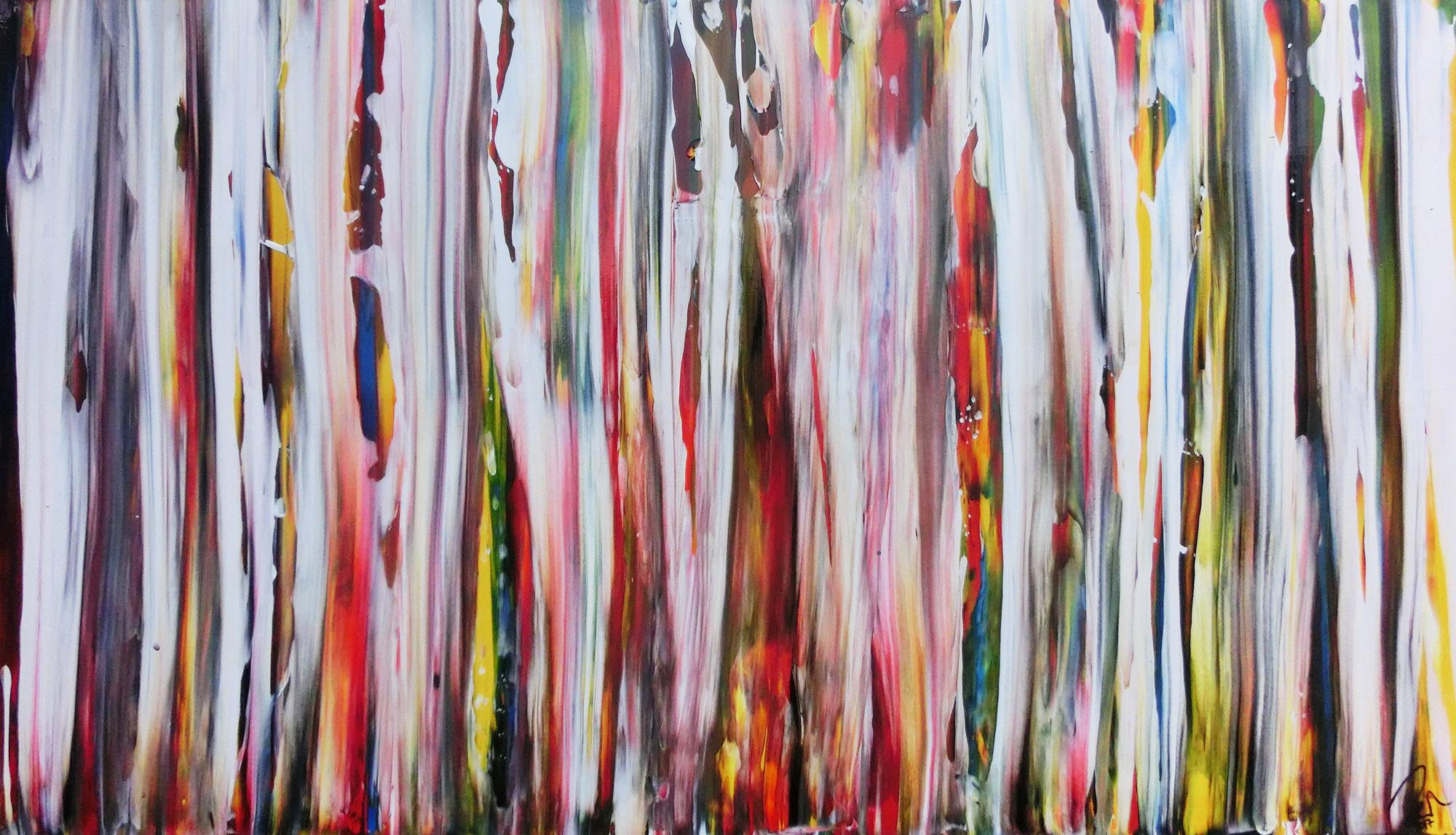 Abstraktes Acrylbild sehr bunt mit weißen Streifen sehr modern