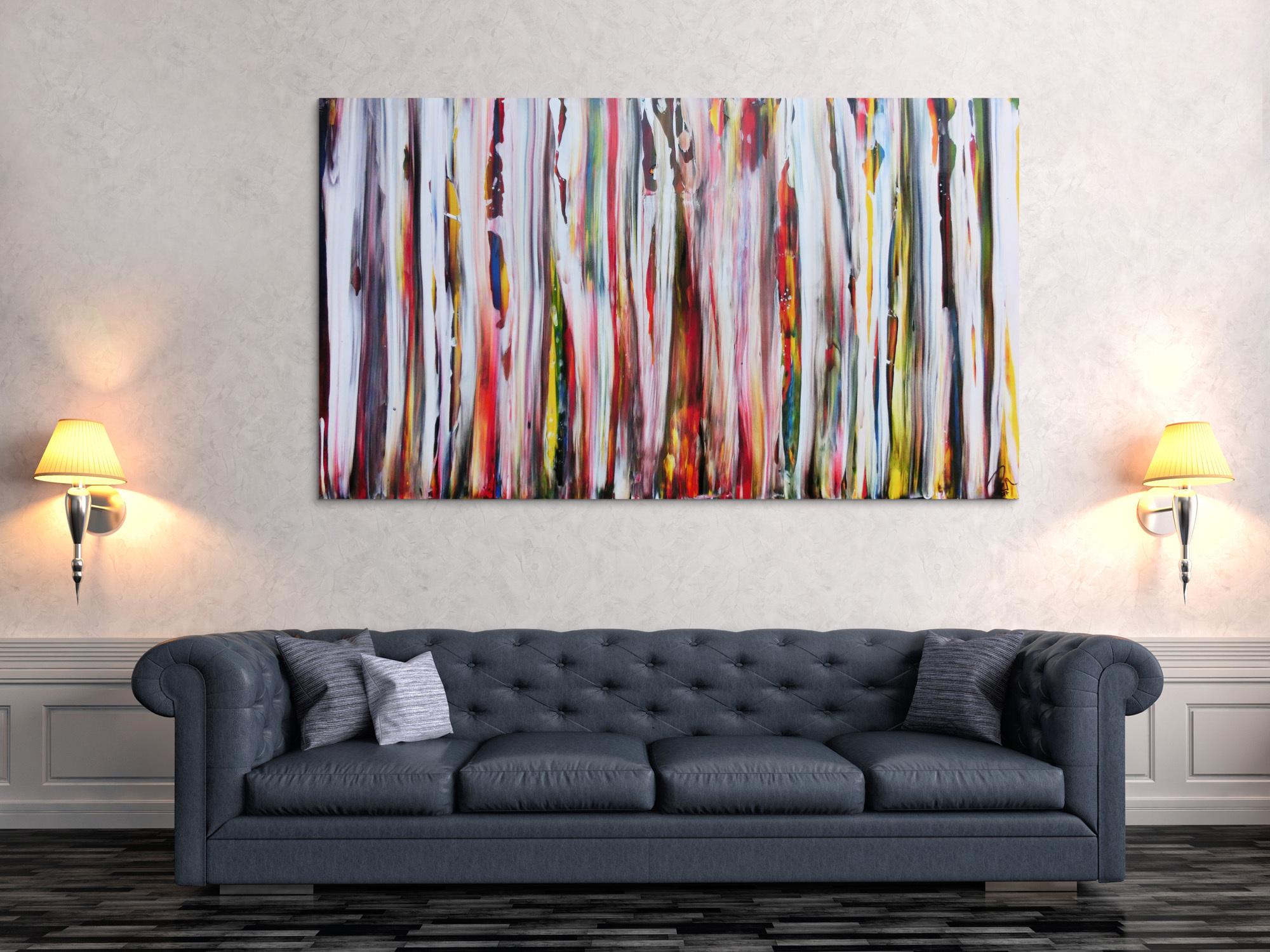 Abstraktes Acrylbild sehr bunt mit weißen Streifen sehr modern