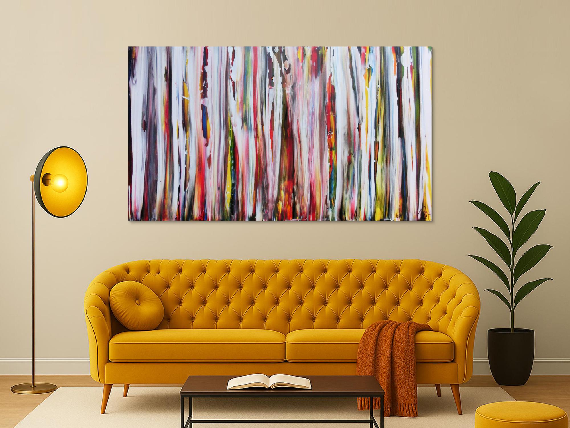 Abstraktes Acrylbild sehr bunt mit weißen Streifen sehr modern