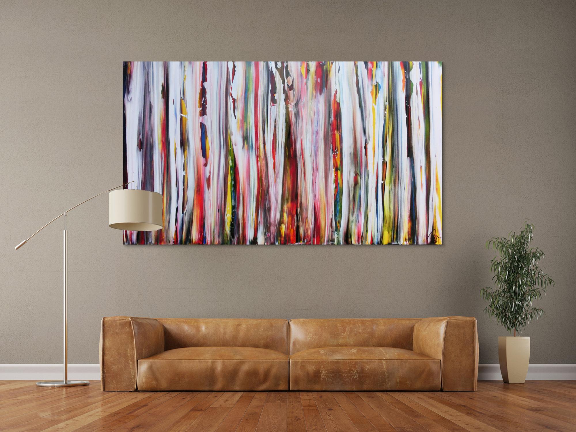 Abstraktes Acrylbild sehr bunt mit weißen Streifen sehr modern