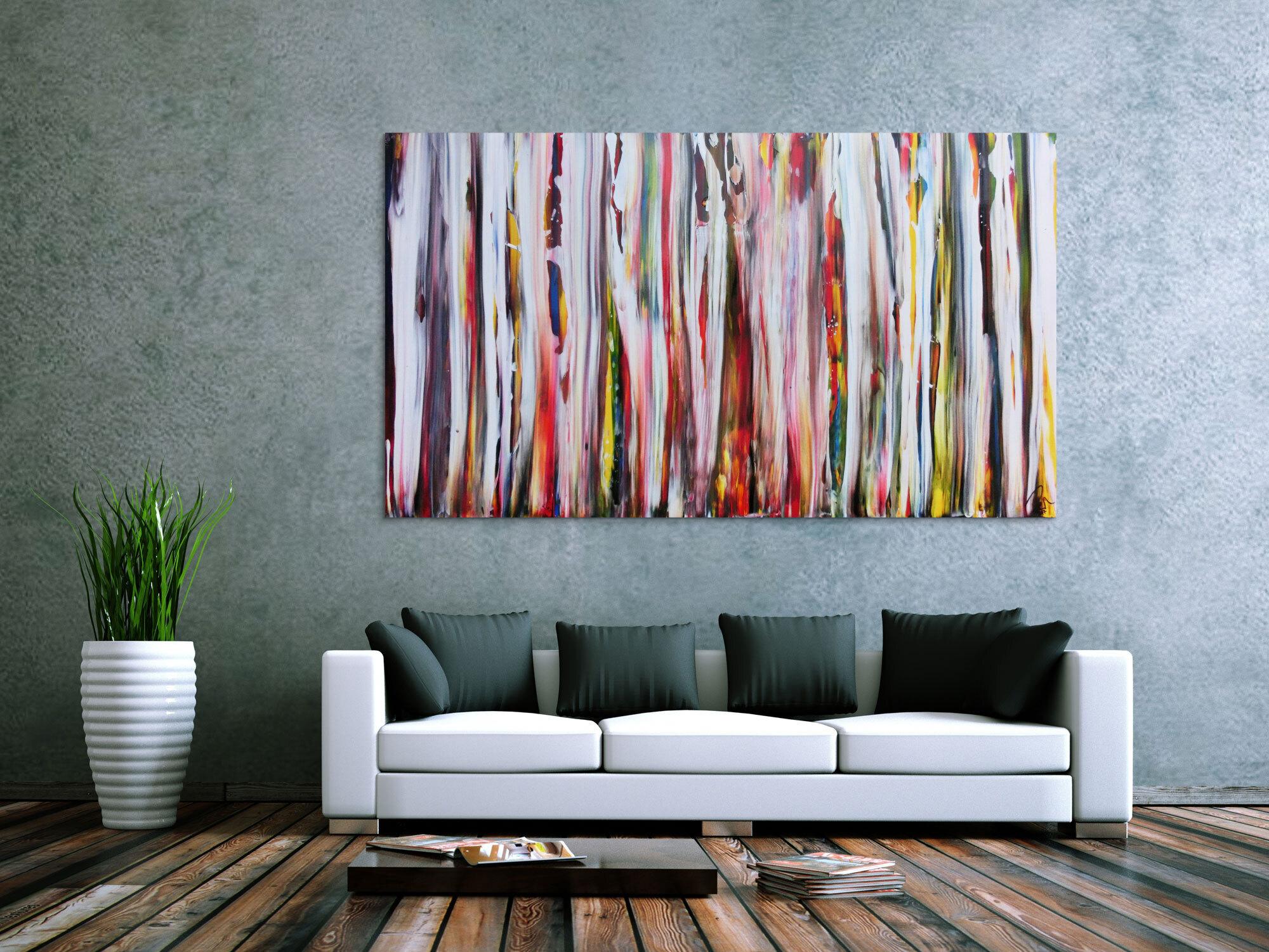 Abstraktes Acrylbild sehr bunt mit weißen Streifen sehr modern