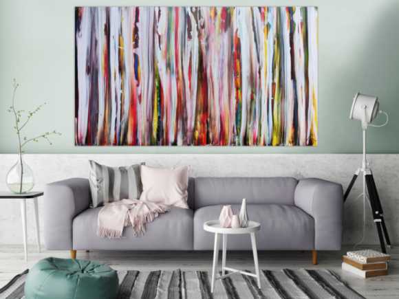 Abstraktes Acrylbild sehr bunt mit weißen Streifen sehr modern