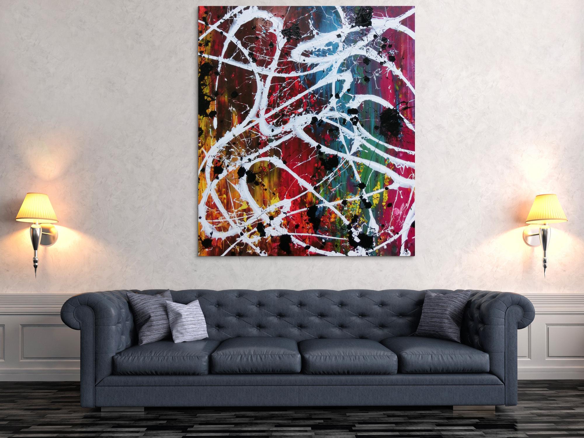 Abstraktes Acrylbild Action Painting sehr bunt viele Farben Splash Art 