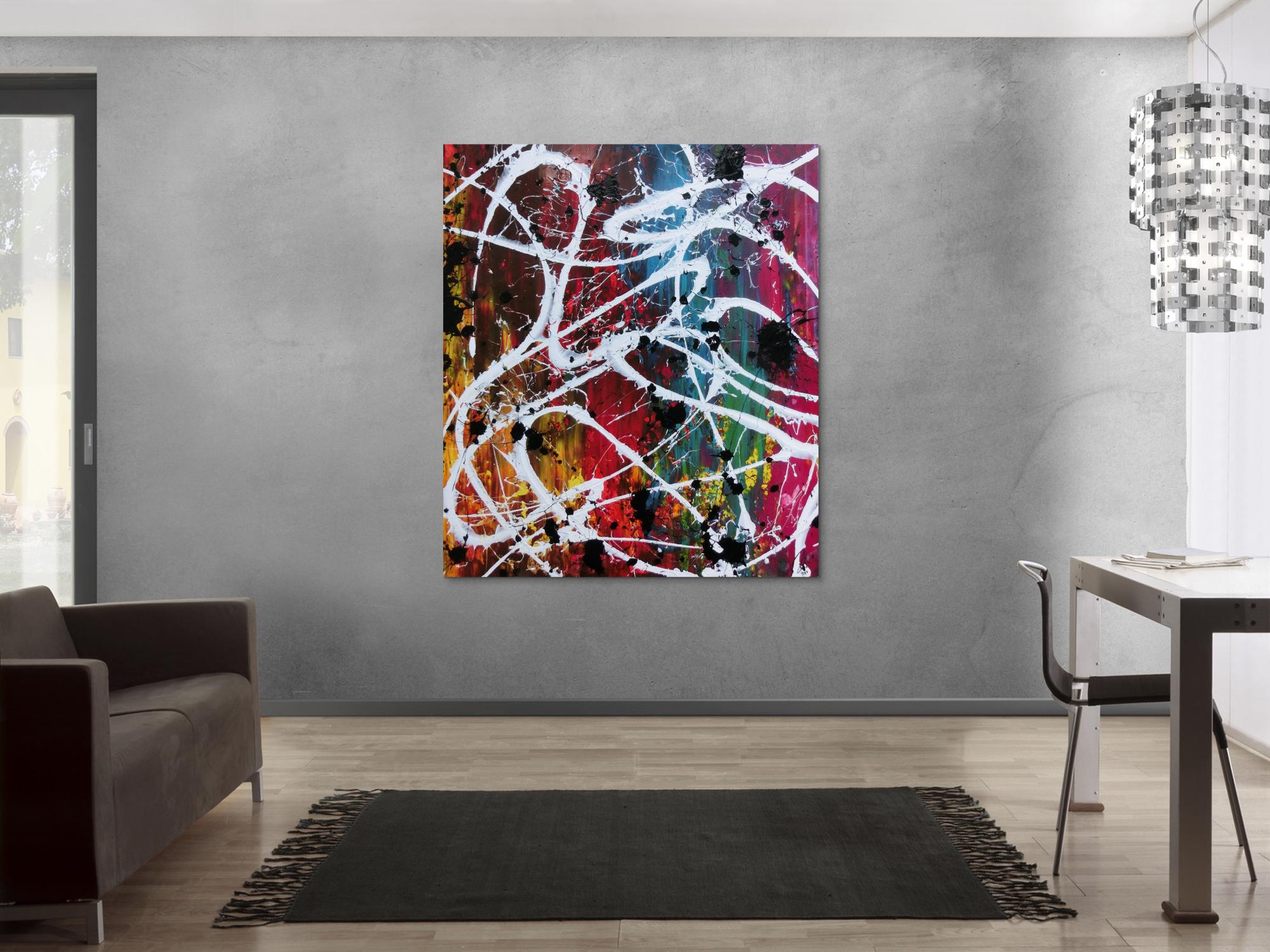 Abstraktes Acrylbild Action Painting sehr bunt viele Farben Splash Art 