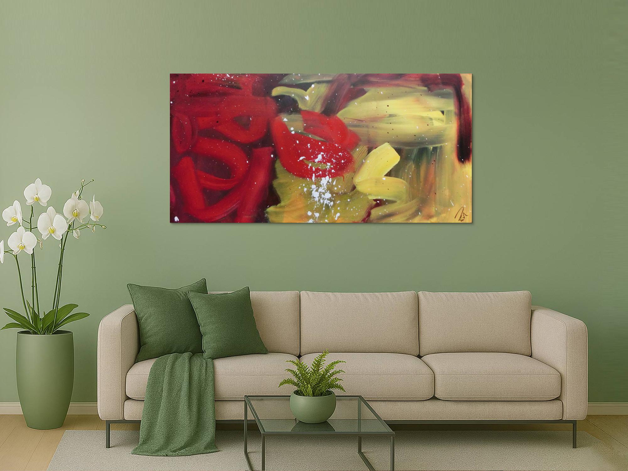 Abstraktes Acrylbild modern zeitgenössisch rot gelb braun sehr modern und schlicht