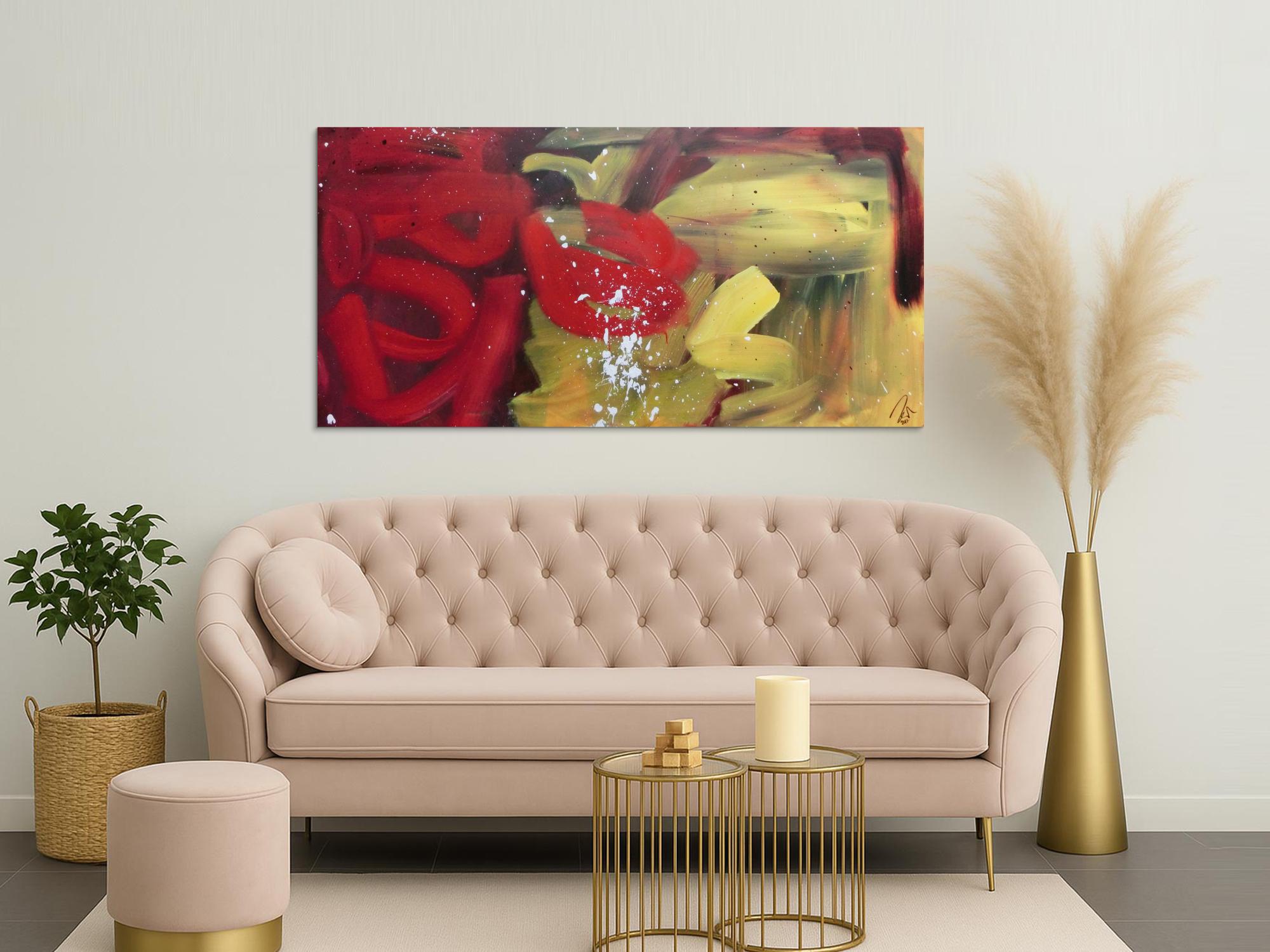 Abstraktes Acrylbild modern zeitgenössisch rot gelb braun sehr modern und schlicht