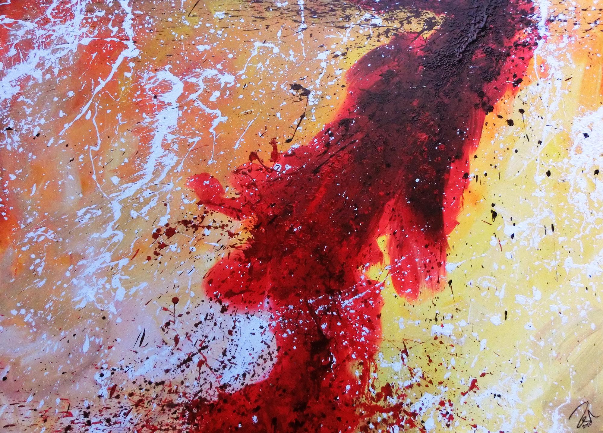 Abstraktes Acrylbild sehr modern in rot weiß schwarz gelb warme Farben