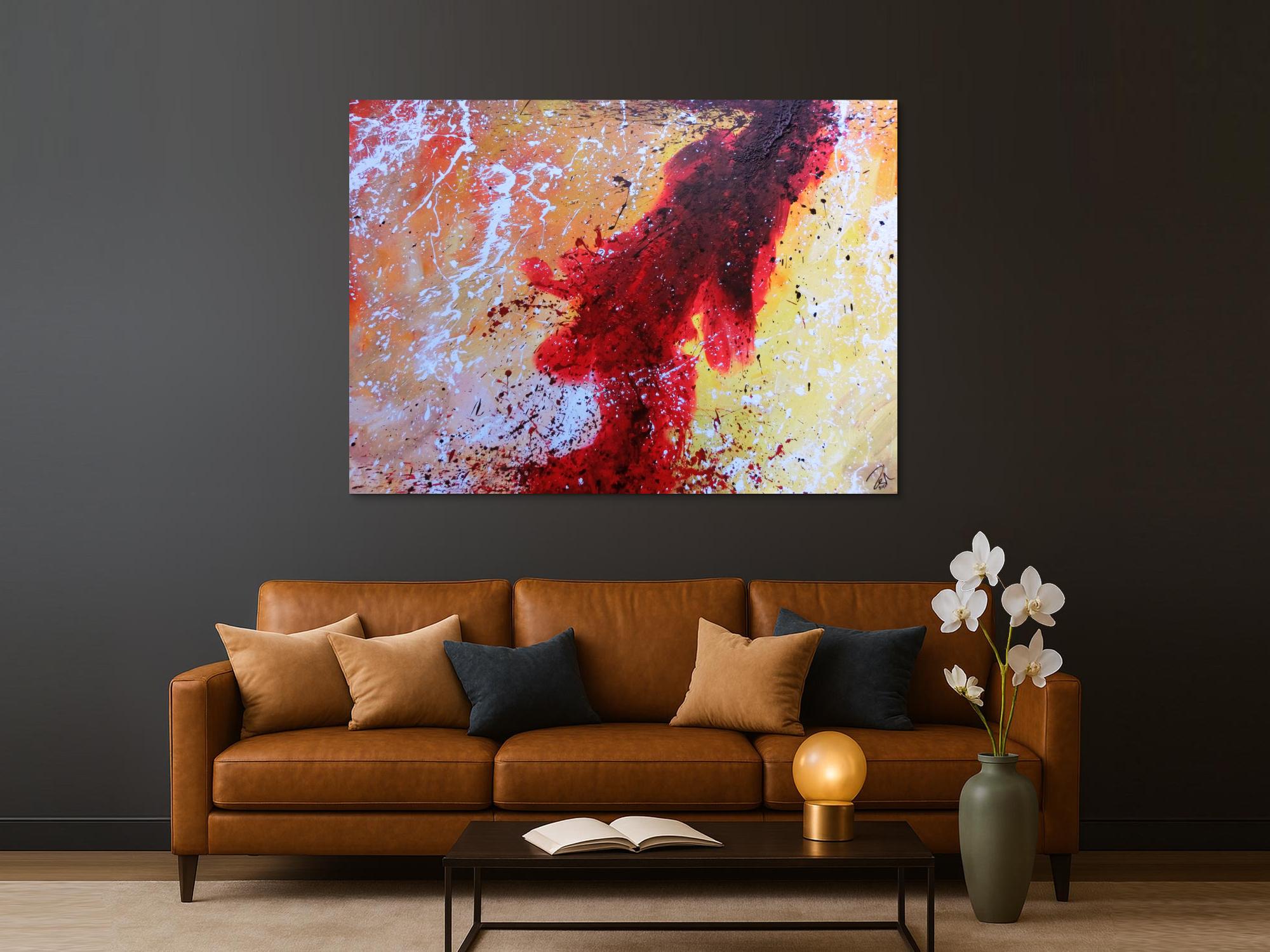 Abstraktes Acrylbild sehr modern in rot weiß schwarz gelb warme Farben