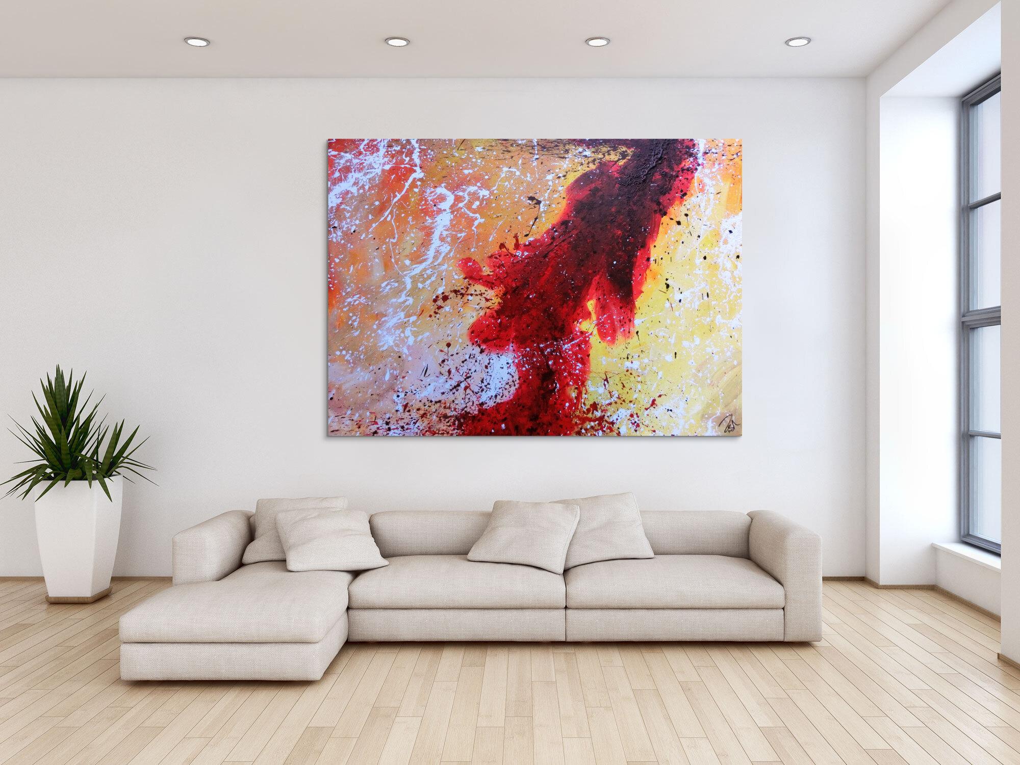 Abstraktes Acrylbild sehr modern in rot weiß schwarz gelb warme Farben