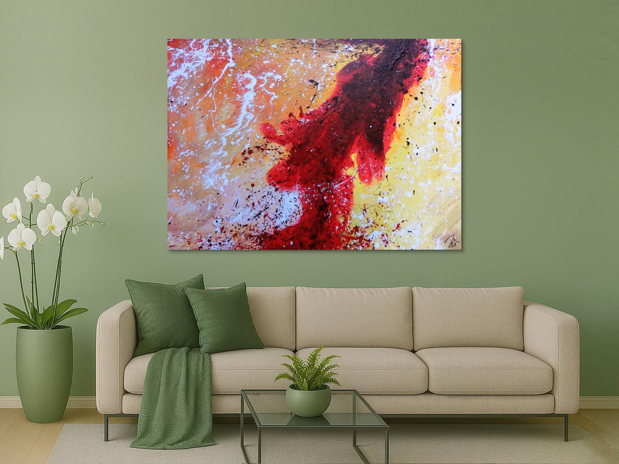 Abstraktes Acrylbild sehr modern in rot weiß schwarz gelb warme Farben