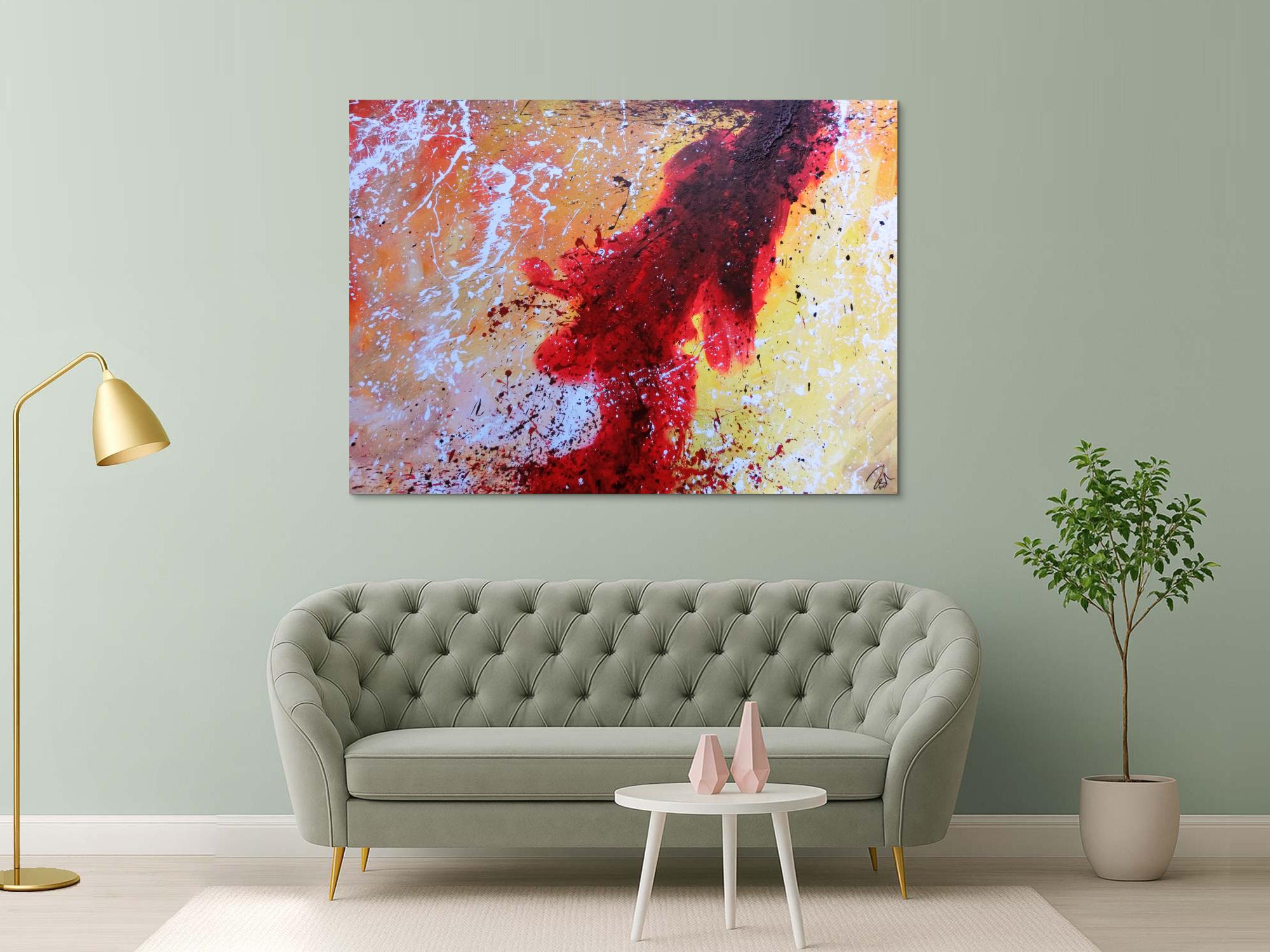 Abstraktes Acrylbild sehr modern in rot weiß schwarz gelb warme Farben