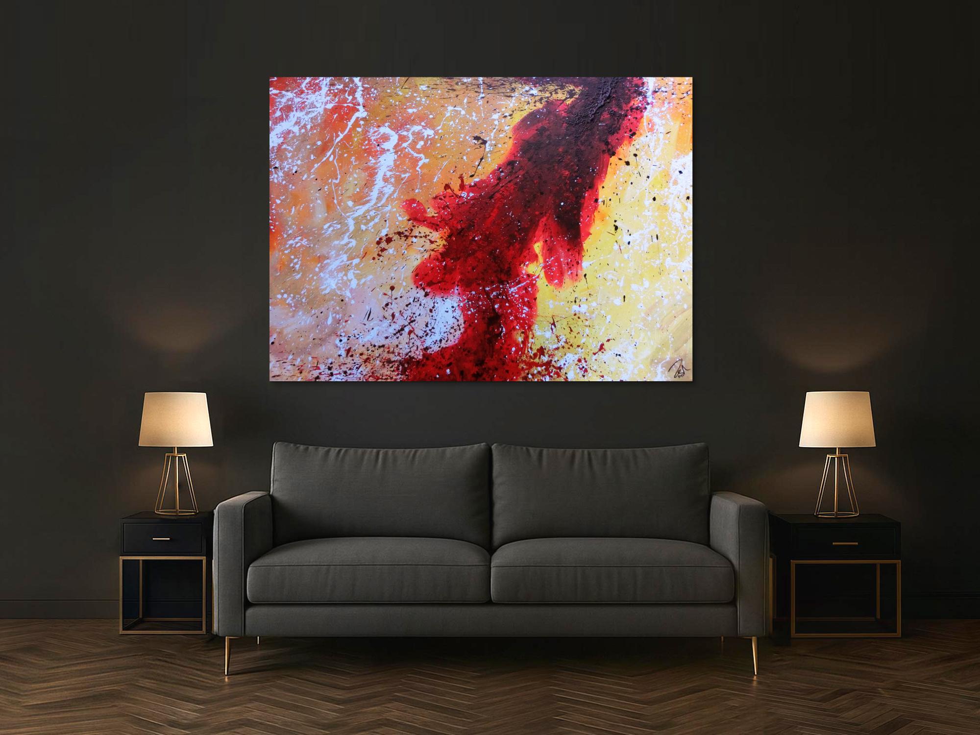 Abstraktes Acrylbild sehr modern in rot weiß schwarz gelb warme Farben