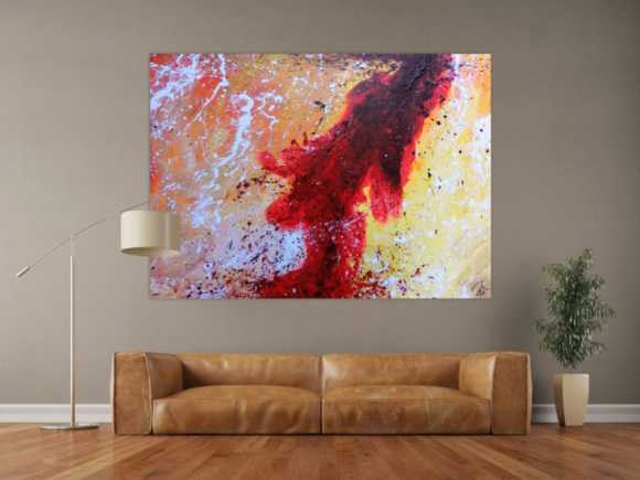Abstraktes Acrylbild sehr modern in rot weiß schwarz gelb warme Farben