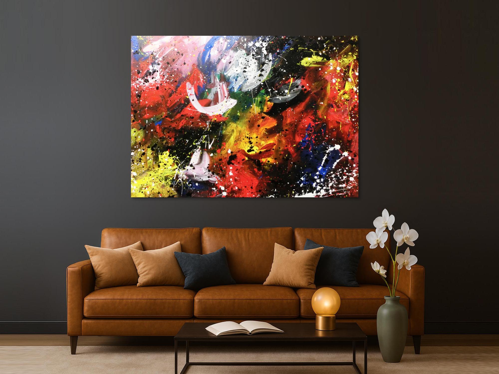 Abstraktes Acrylbild sehr bunt zeitgenössisch Action Painting sehr modern viele Farben