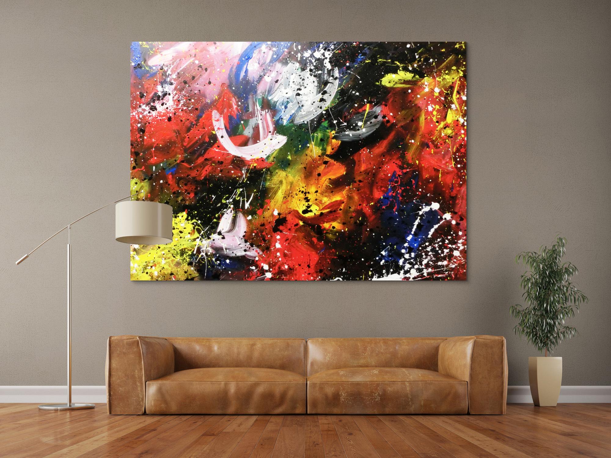 Abstraktes Acrylbild sehr bunt zeitgenössisch Action Painting sehr modern viele Farben