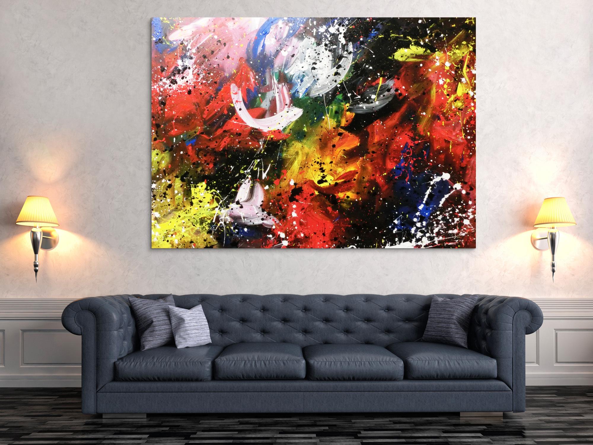 Abstraktes Acrylbild sehr bunt zeitgenössisch Action Painting sehr modern viele Farben