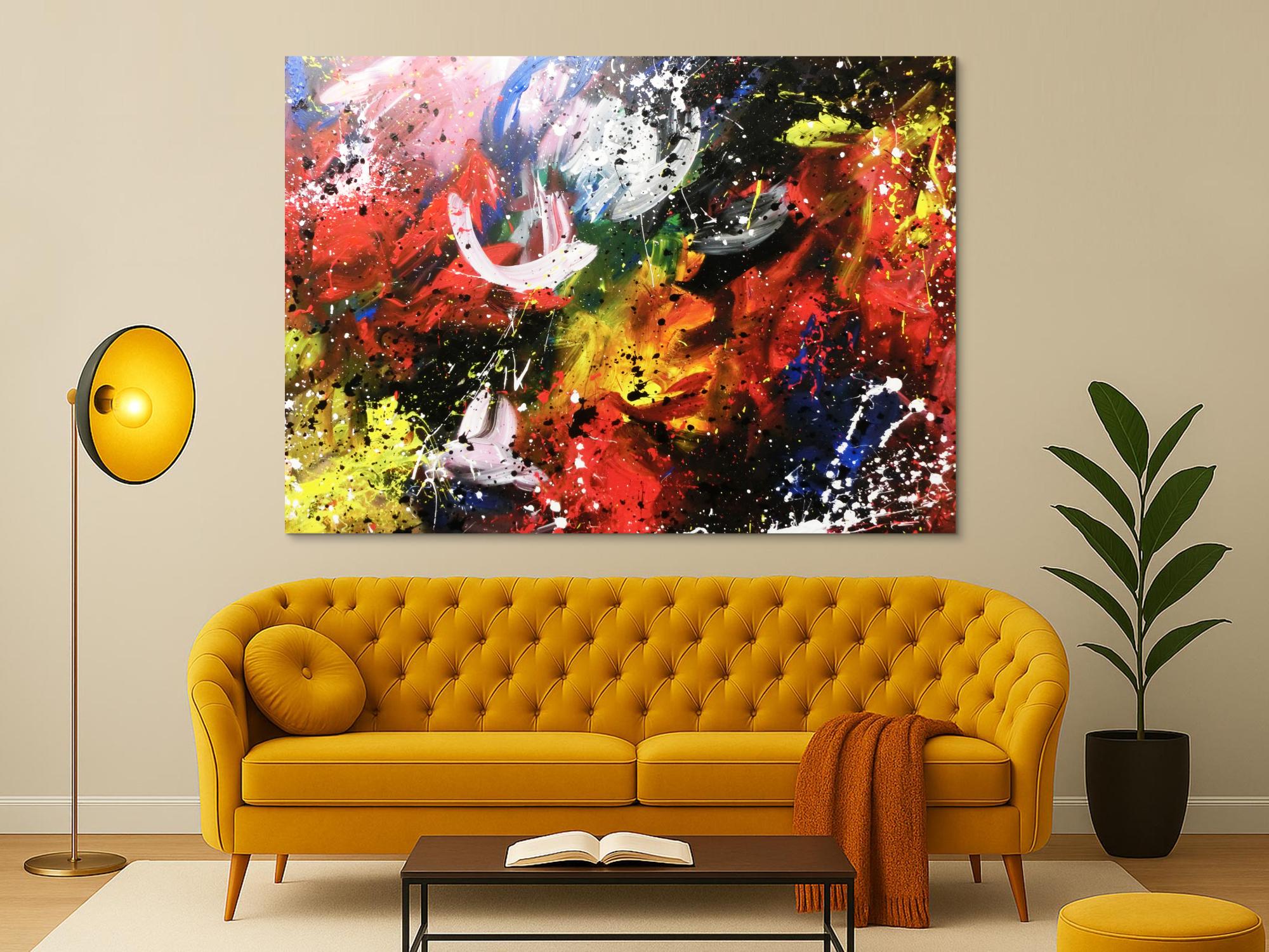 Abstraktes Acrylbild sehr bunt zeitgenössisch Action Painting sehr modern viele Farben